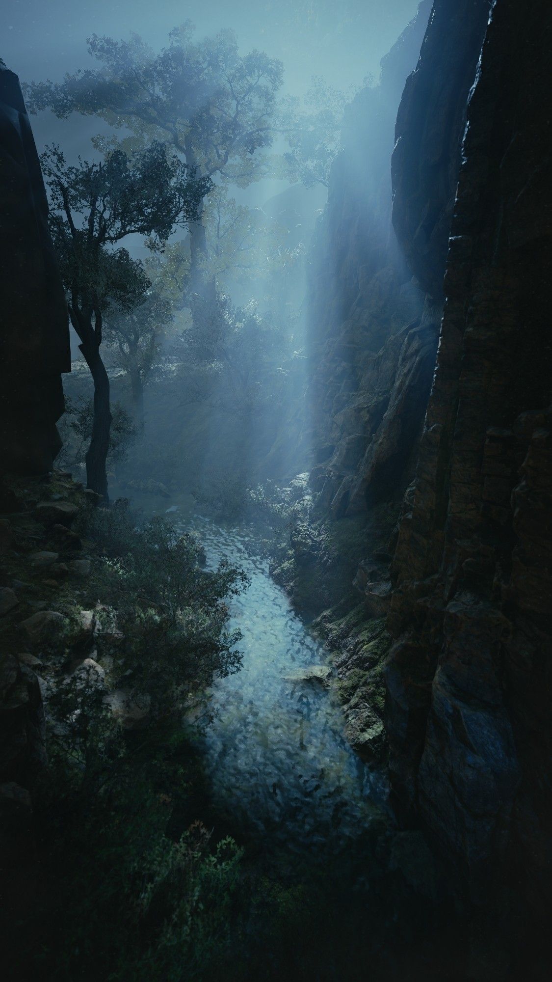 This image depicts a serene, almost mystical scene set in a deep, narrow gorge. A small stream winds its way through the center, its waters reflecting the dim light filtering through the misty atmosphere. Towering rock formations rise on either side, their dark, rugged surfaces contrasting with the lush greenery that clings to the base. A lone tree stands tall near the left edge, its branches reaching towards the sky. The overall mood is one of tranquility and solitude, with a hint of mystery and intrigue.