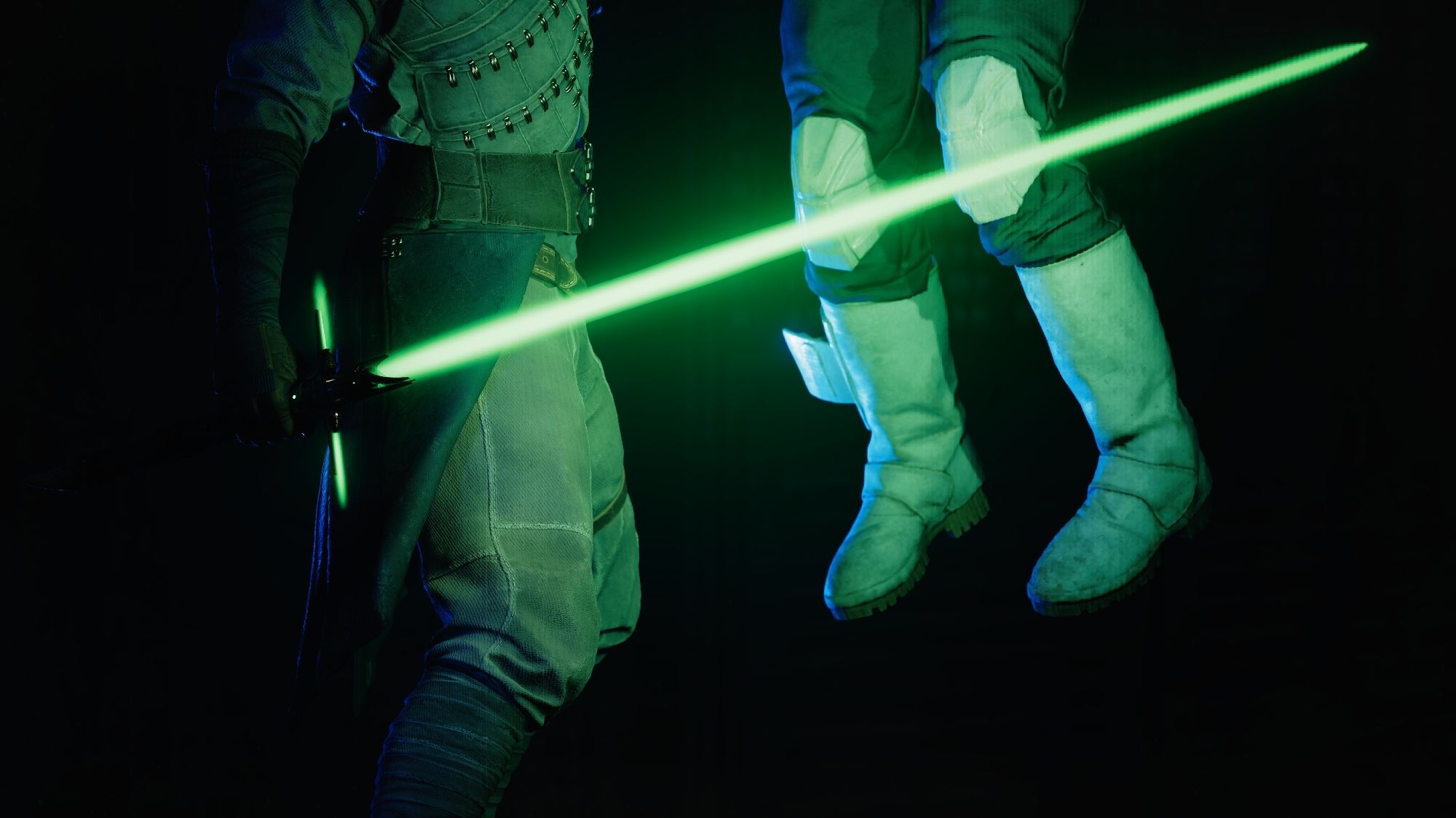 The image depicts Cal Kestis from the video game "Star Wars Jedi: survivor," holding a Stormtrooper suspended in mid-air. The Jedi is wearing a brown robe and has a green lightsaber ignited in their hand. The Stormtrooper is wearing the standard white armor, and their legs are visible hovering above the ground. The background is dark with a green glow emanating from the lightsaber.