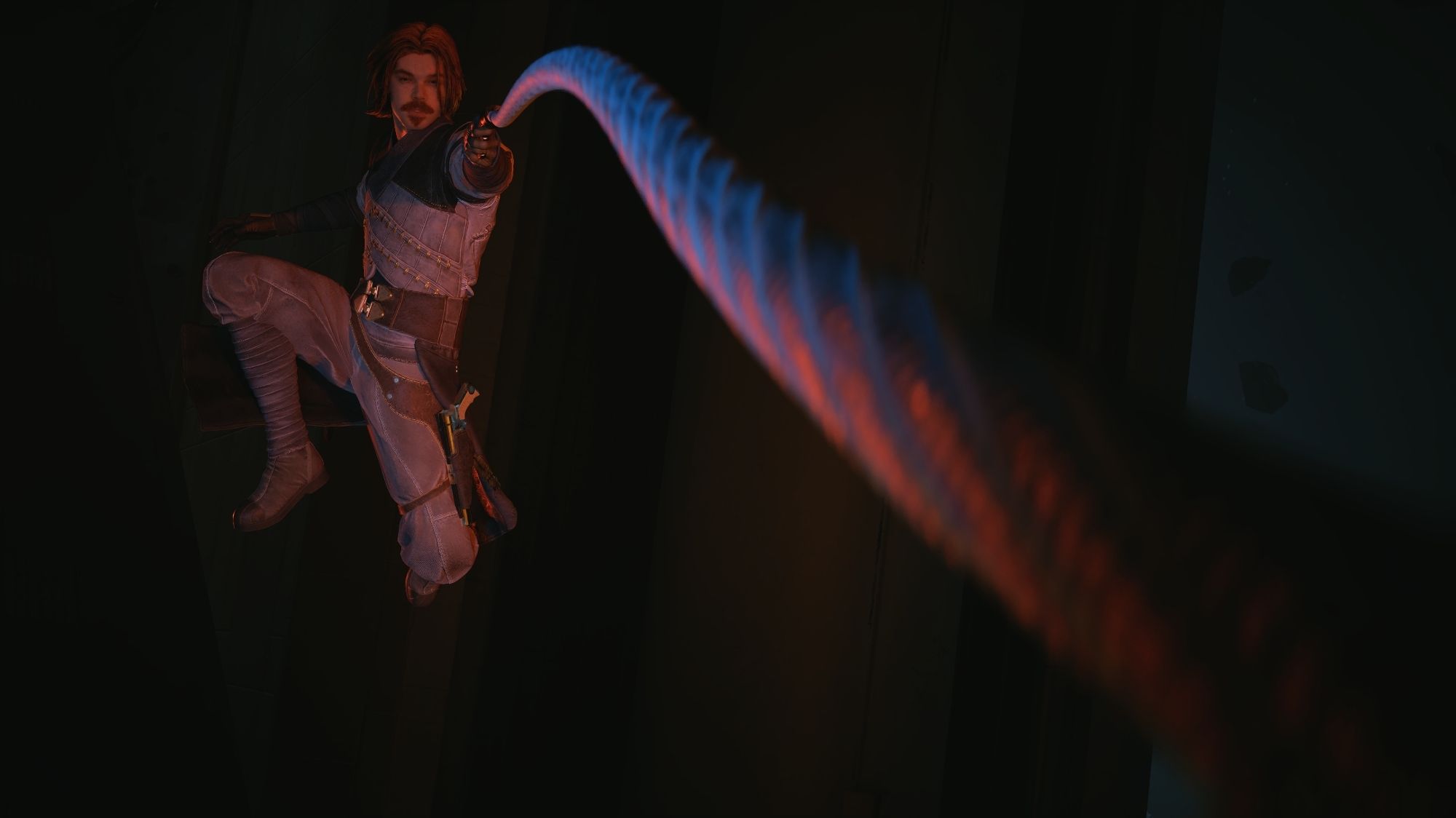 The image depicts Cal Kestis, a Jedi Knight from the video game "Star Wars Jedi: survivor," using his grappling hook. He is in mid-air, with one leg raised and his body angled towards the left. The grappling hook, a long, glowing blue rope, is extended and attached to something unseen in the darkness. Cal's expression is determined, and he appears to be exerting force to pull himself towards his target.
Key Details:
 * Cal Kestis: A Jedi Knight, using a grappling hook.
 * Grappling Hook: A long, glowing blue rope, attached to something unseen.
 * Pose: Dynamic pose, mid-air with one leg raised.
 * Expression: Determined, suggesting exertion of force.
 * Background: Dark and obscured, with a hint of red light.