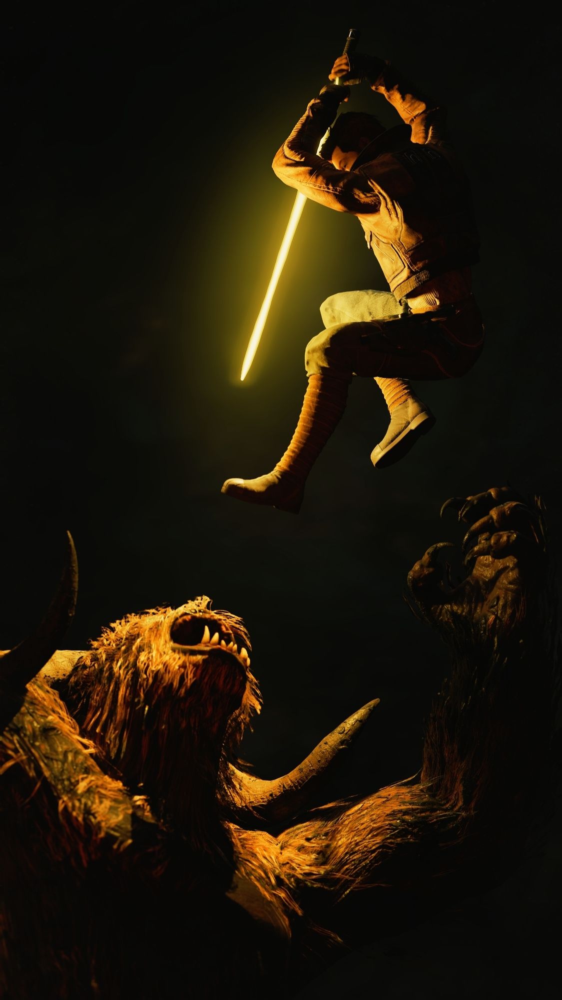 Cal Kestis, Jedi Knight, launches himself from above a towering Wampa. His body is outstretched, muscles tense as he prepares to strike. In his hand, a glowing lightsaber hums with energy, ready to pierce the beast's thick fur. The Wampa looks up in surprise, its massive jaws agape as it realizes the threat. The scene is bathed in a dramatic, shadowy light, emphasizing the intensity of the impending battle.