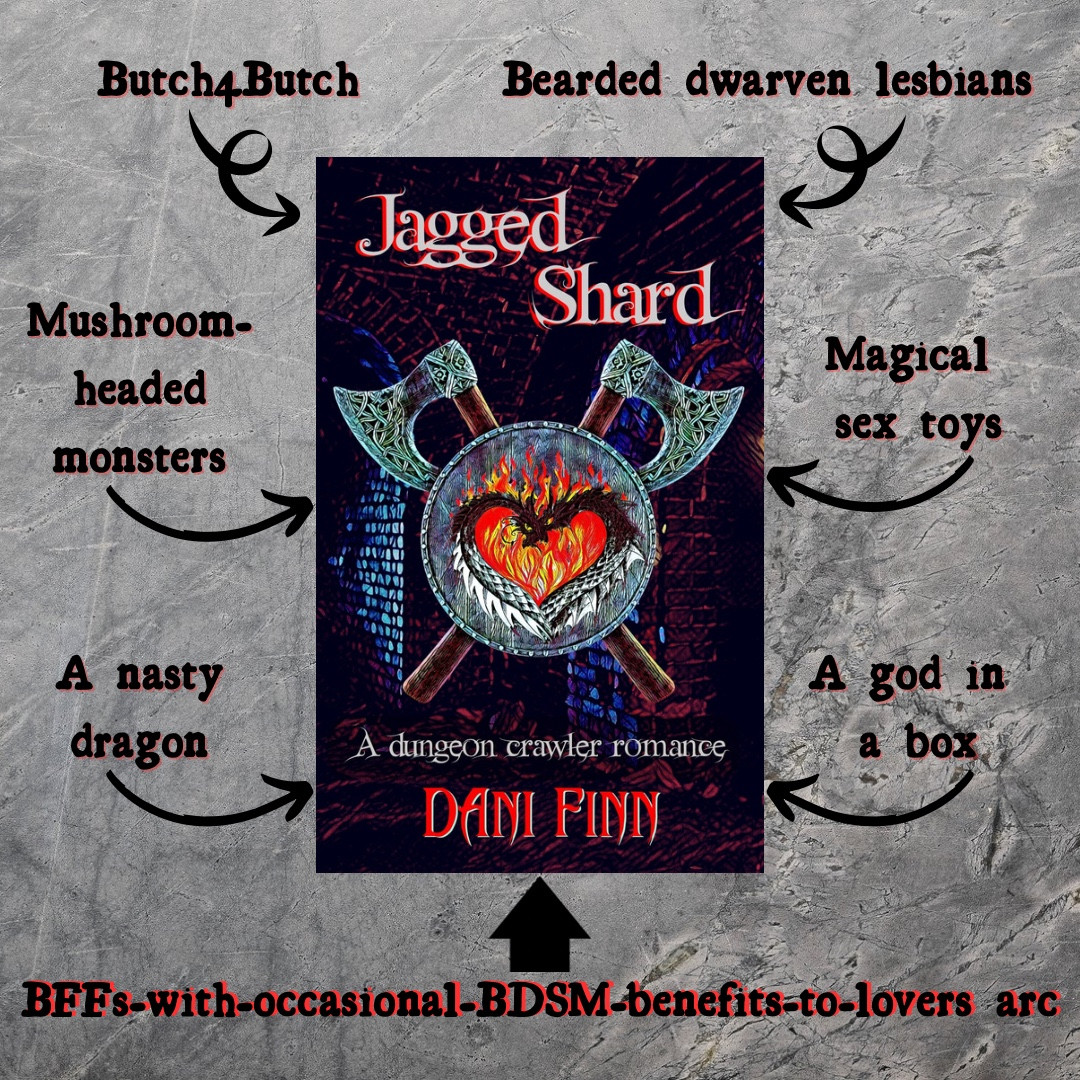 Arrow graphic for Jagged Shard by Dani Finn, a dungeon crawler romance, showing crossed axes and a shield with dragons intertwined into a heart shape in a dungeon. Words in graphic: butch4butch, bearded dwarven lesbians, mushroom-headed monsters, magical sex toys, a nasty dragon, a god in a box, and BFFs with occasional BDSM benefits to lovers arc