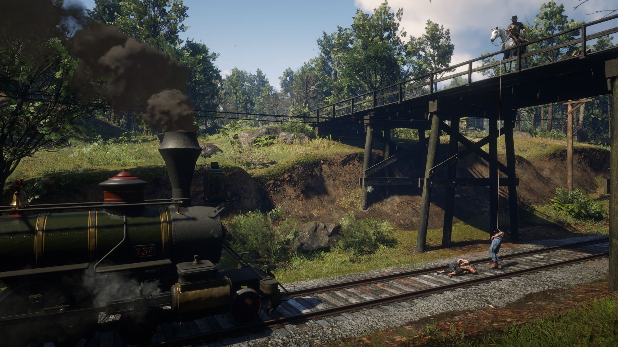 Arthur Morgan heroically dangles yokels in front of a oncoming train