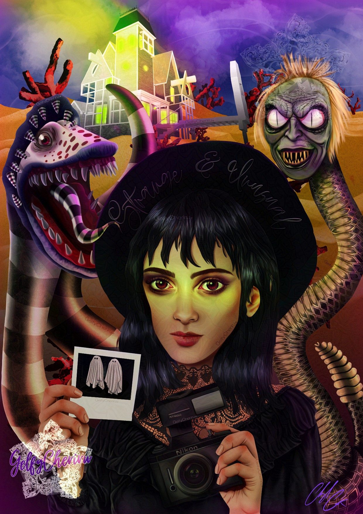 A fanart illustration of Lydia Deetz from the movie Beetlejuice. She is holding a Nikon camera with a flash gun in her left hand. While in her right hand, she has a Polaroid photo of two floating designer bed sheets, with eye holes cut in them. She is dressed in a black velvet ruffled dress with black lace, and on her head is a black wide brimmed hat with the words "Strange and Unusual" embroidered onto it.  Green light shines brightly as a narrow beam, highlighting her eyes. Behind Lydia on her left, is the snake version of Beetlejuice,  grinning menacingly. On her right side is the sandworm with its black and white stripped tongue flicking around the edge of her hat. The background is the sanded dune moon of Saturn, with rough red coral shaped rocks. The Deetz/Mainland House is far in the background, bright acid green light beems from its windows. Purple highlights contrasts the green in this illustration of Beetlejuice.