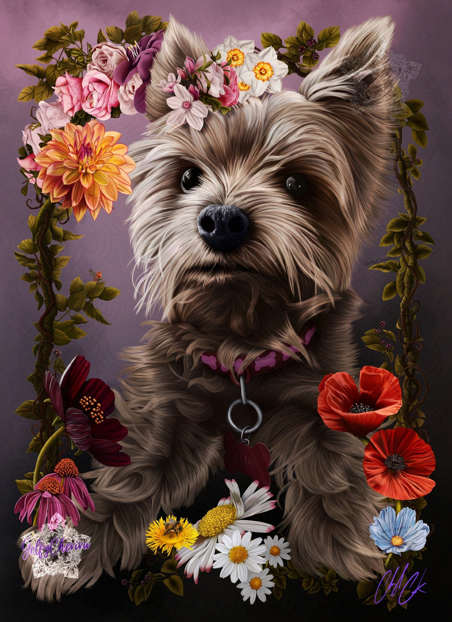 An illustration of a Yorkshire Terrier surrounded by colourful flowers and a vine border. The flowers are poppies, daisies, daffodils,  dandelions,  dahlias, roses, and echinaceas. On the dandelion is a fluffy bumblebee,  and on one of the vine leaves is a ladybird with it's wings out about to fly. The Yorkshire Terrier has a pink bone collar with the identification tag reading  the name Lady.