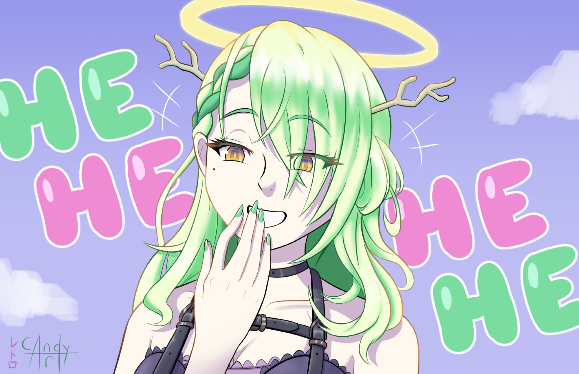 Artwork of Ceres Fauna of Hololive English, with her hand held up to her mouth as if she was giggling. There is a halo above her head and text behind her in the background that reads "hehe hehe" on both sides of her in pink and green bubble letters against a slightly cloudy bluish sky background.