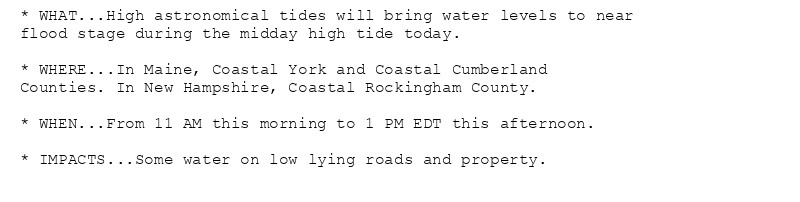 * WHAT...High astronomical tides will bring water levels to near
flood stage during the midday high tide today.

* WHERE...In Maine, Coastal York and Coastal Cumberland
Counties. In New Hampshire, Coastal Rockingham County.

* WHEN...From 11 AM this morning to 1 PM EDT this afternoon.

* IMPACTS...Some water on low lying roads and property.