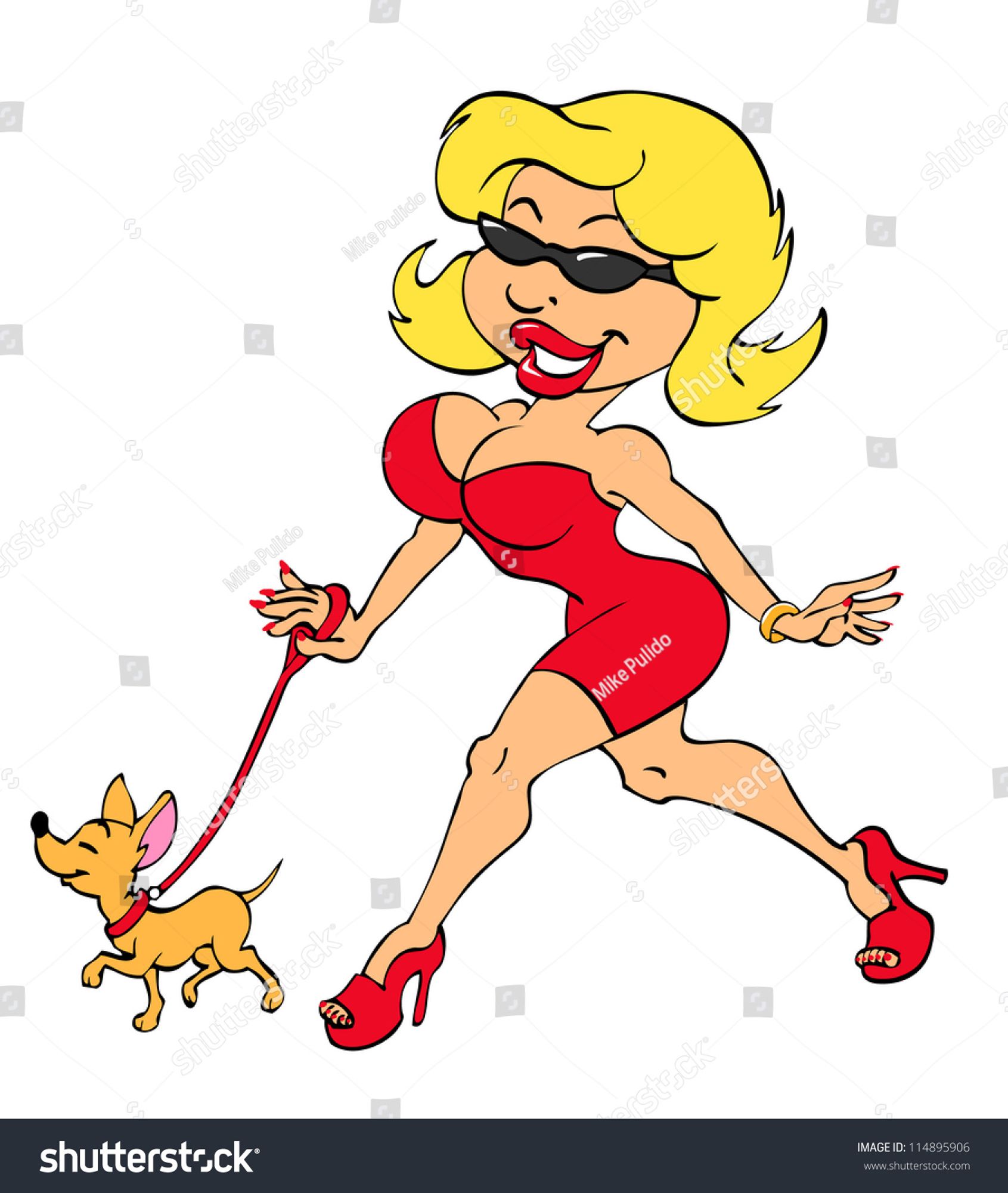 shutterstock drawing of a woman with lots of boobs and not much skirt walking her dog