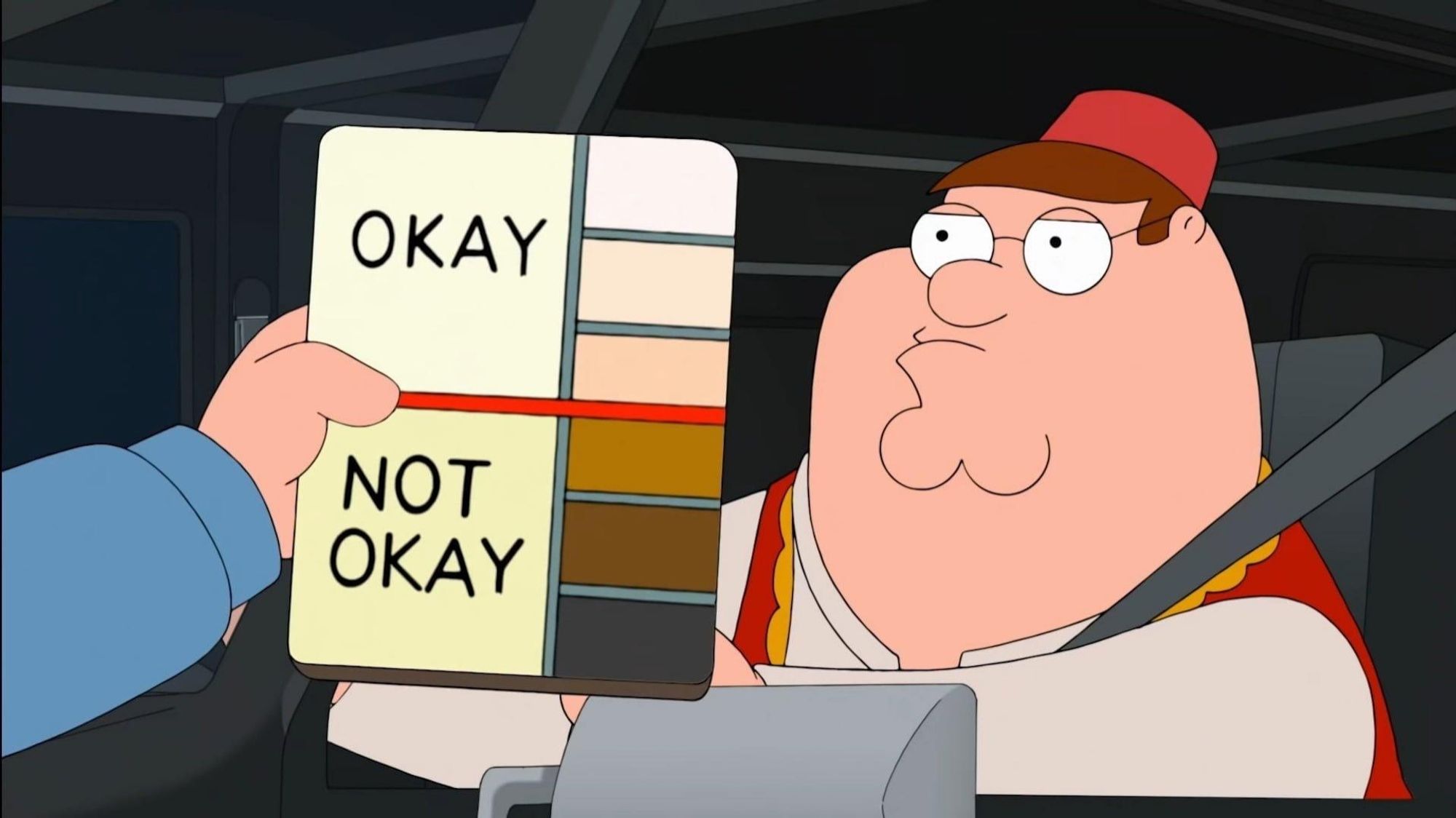 Meme mit Peter Griffin und "okay" "Not okay" nach Hautfarben sortiert.