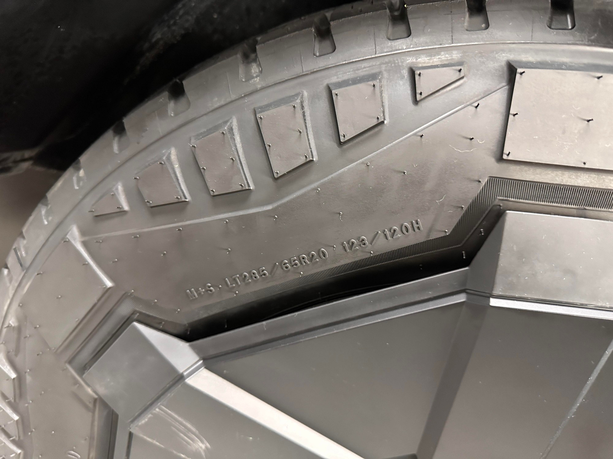 close up of the label on a stock Cybertruck tire, "M+S LT285/65R20 123/120H"