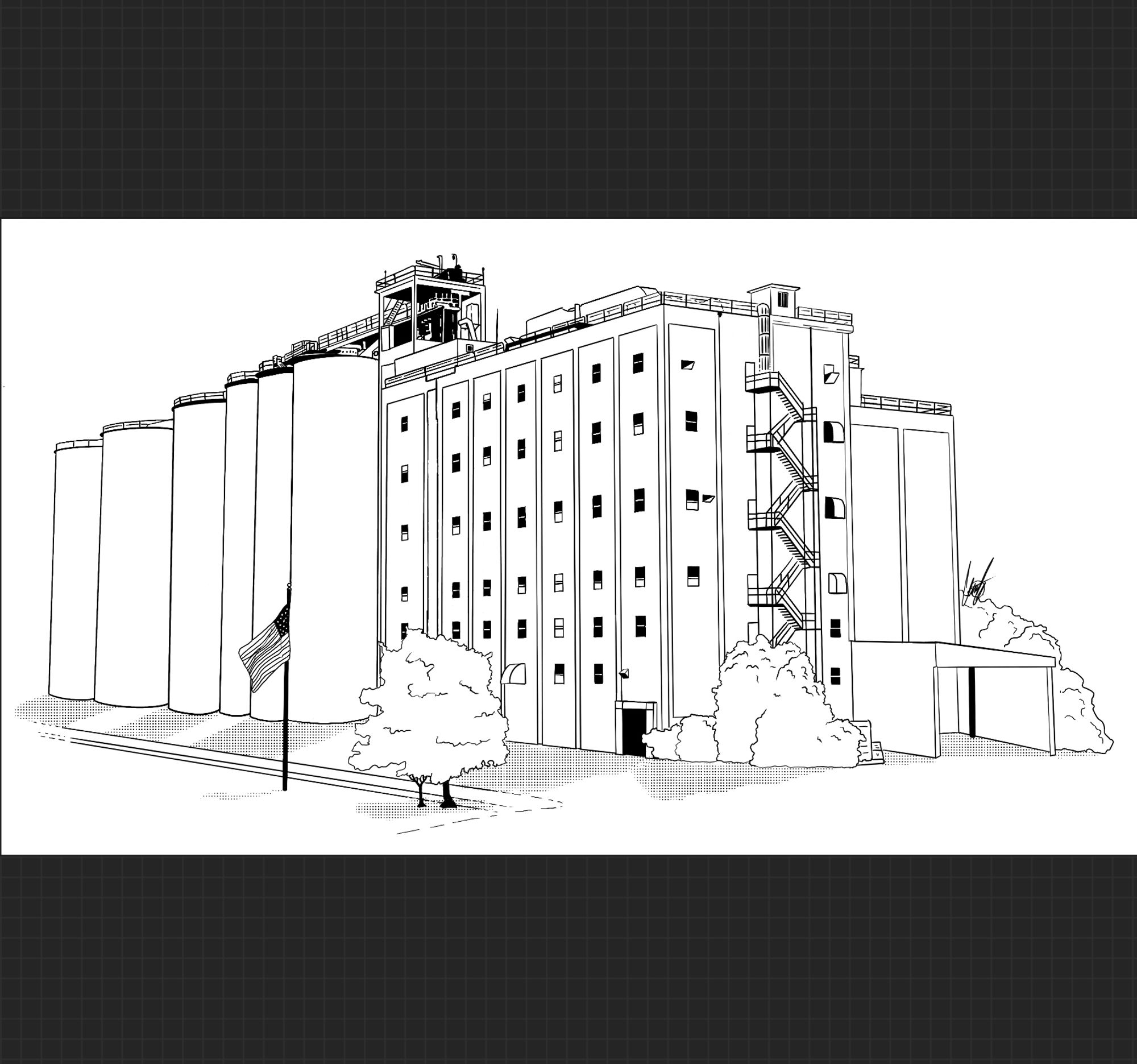 A technical line draw of a modern mill building.