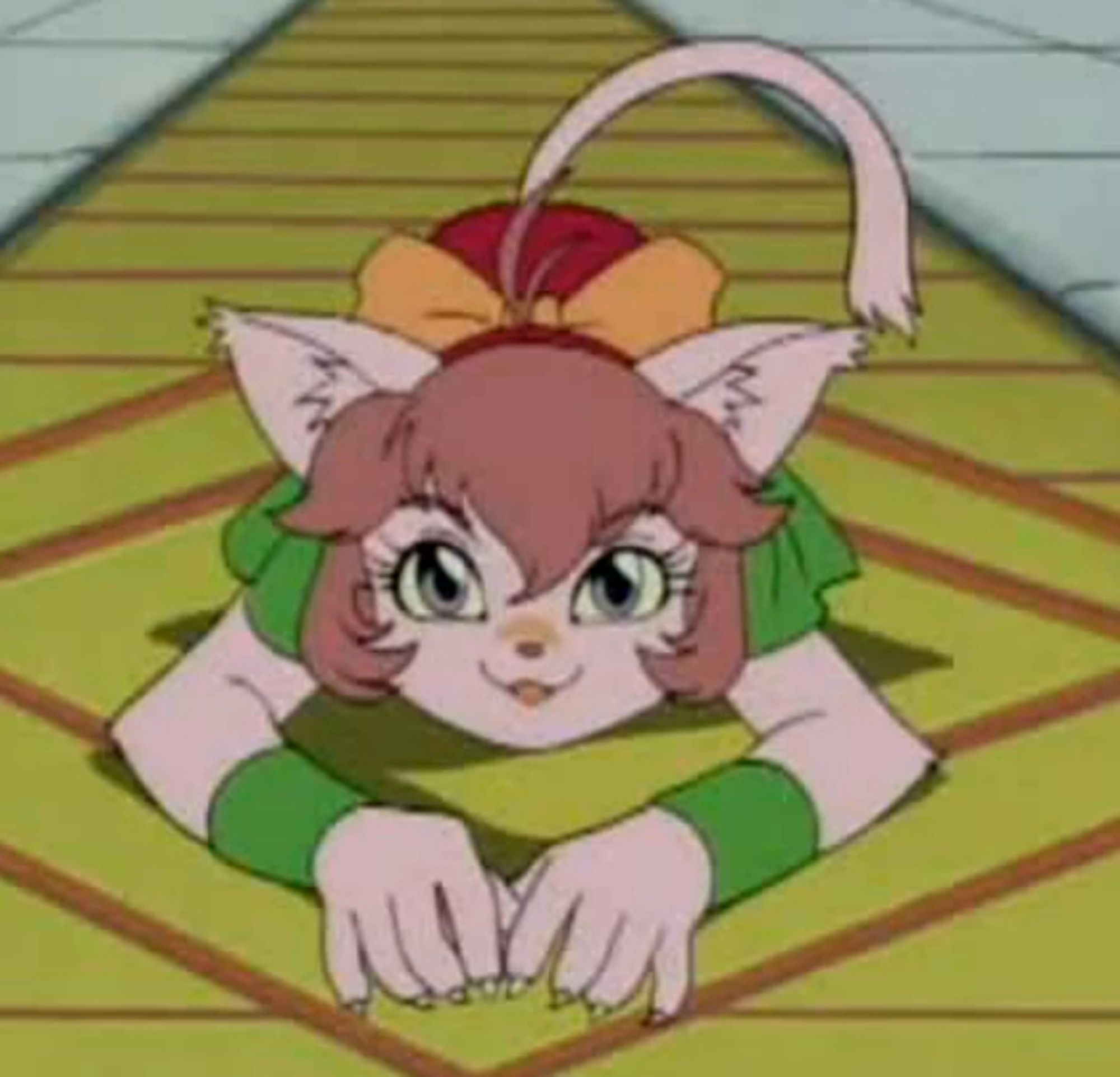 the catgirl antagonist Clawdia from the anime Fighting Foodons kneeling down in obesiance