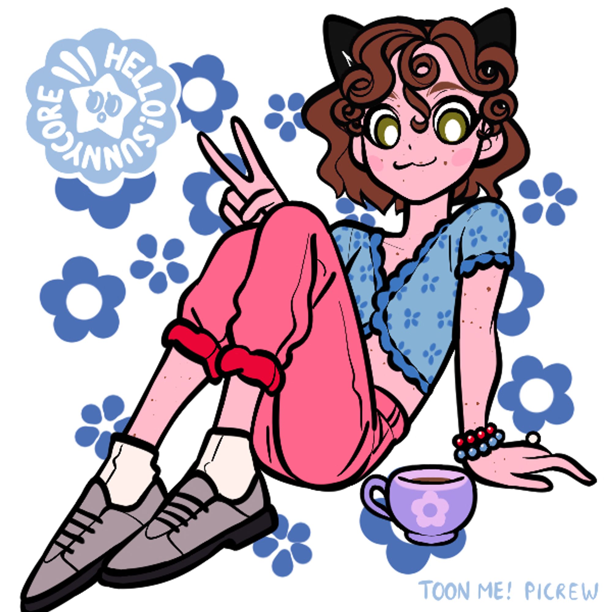 picrew art of a woman with curly brown hair, black cat ears, a blue floral blouse, pink sweatpants, white socks, and grey shoes. She is sitting on the ground propping herself up on her left arm and making a V sign with her right hand