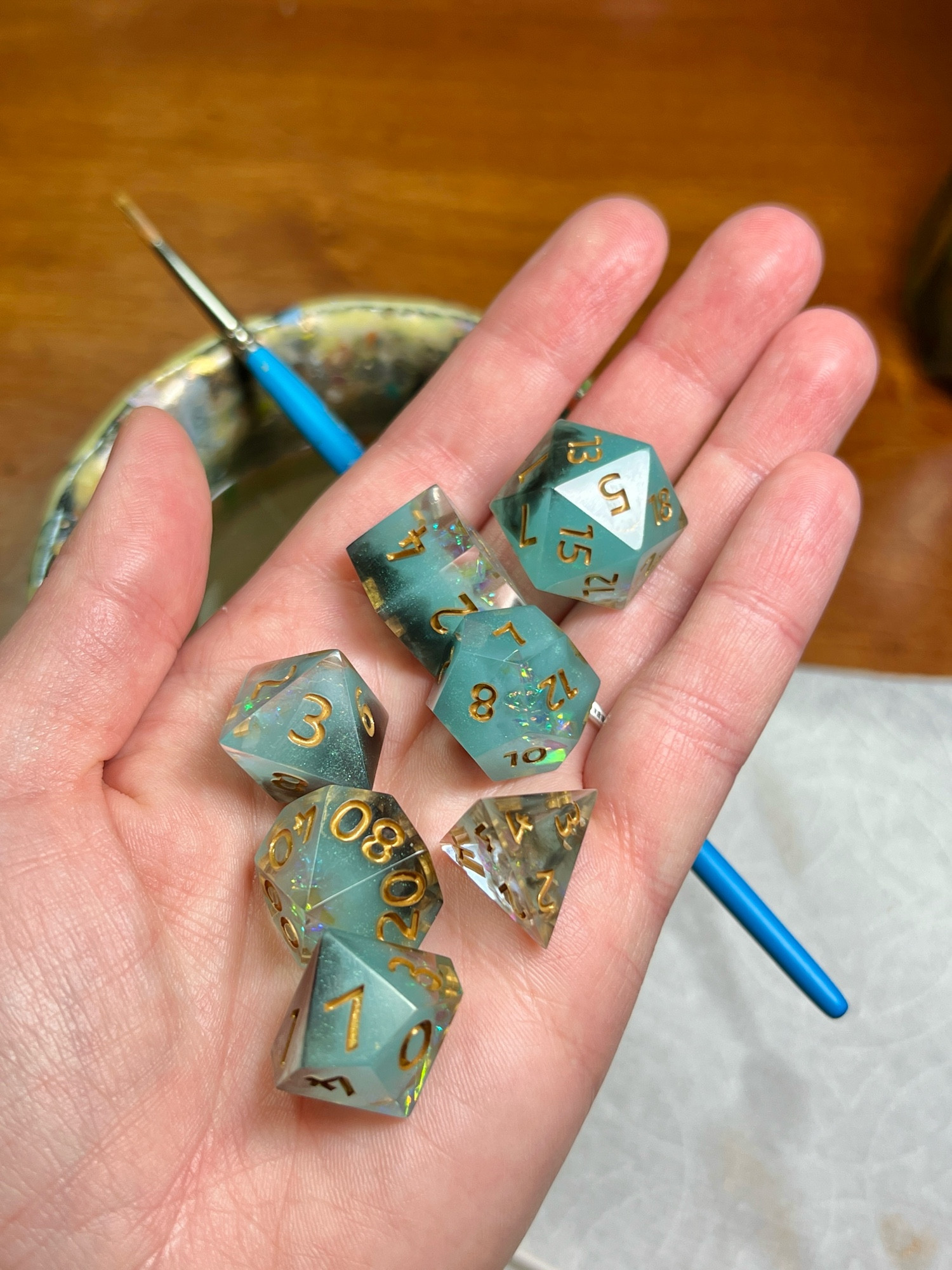 Custom 7 piece set I made in milky blue and dark grey with iridescent foil and peanut butter colored numbers.