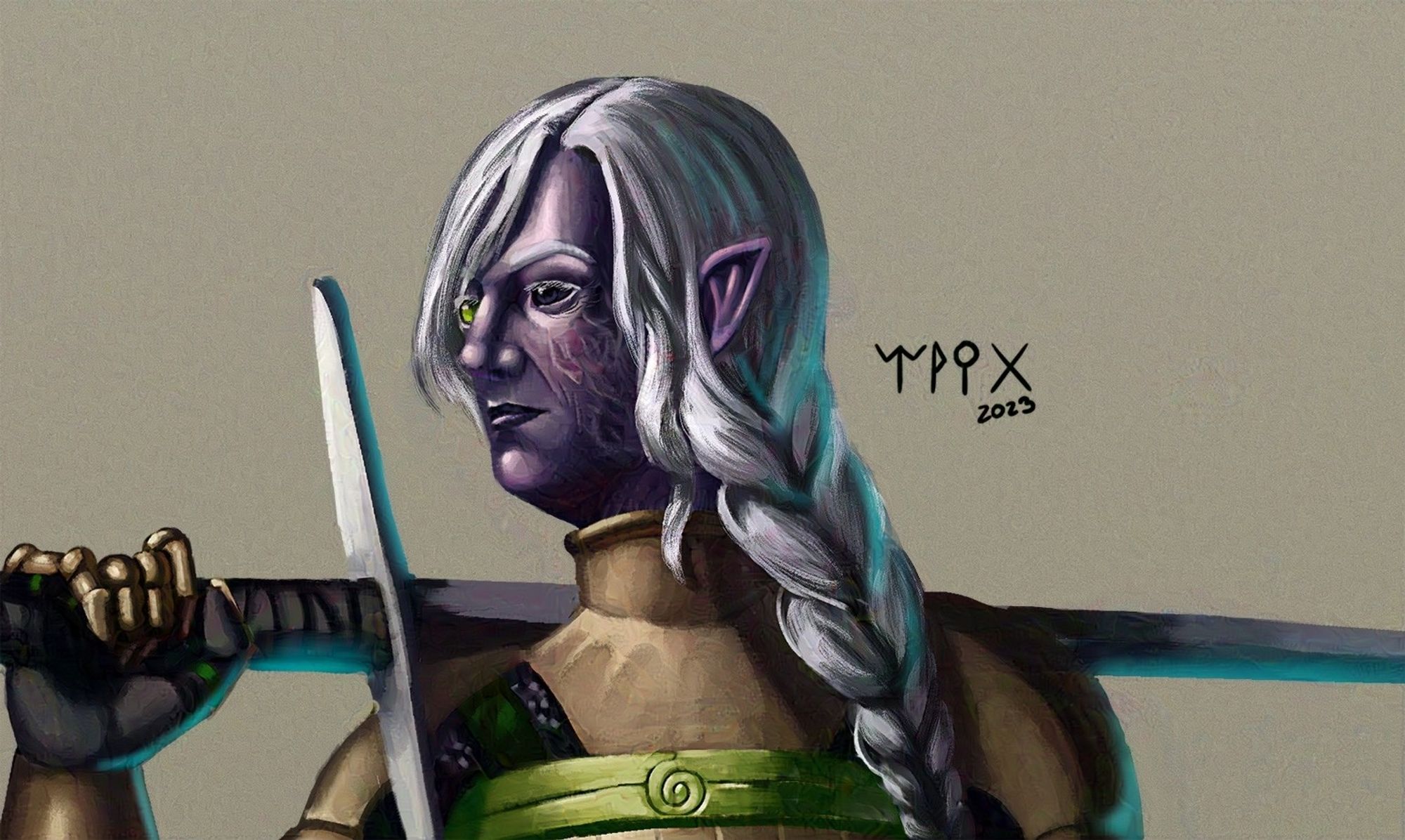 Portrait of the female drow. She has one black eye and other green, as well as a burn scar on the cheek