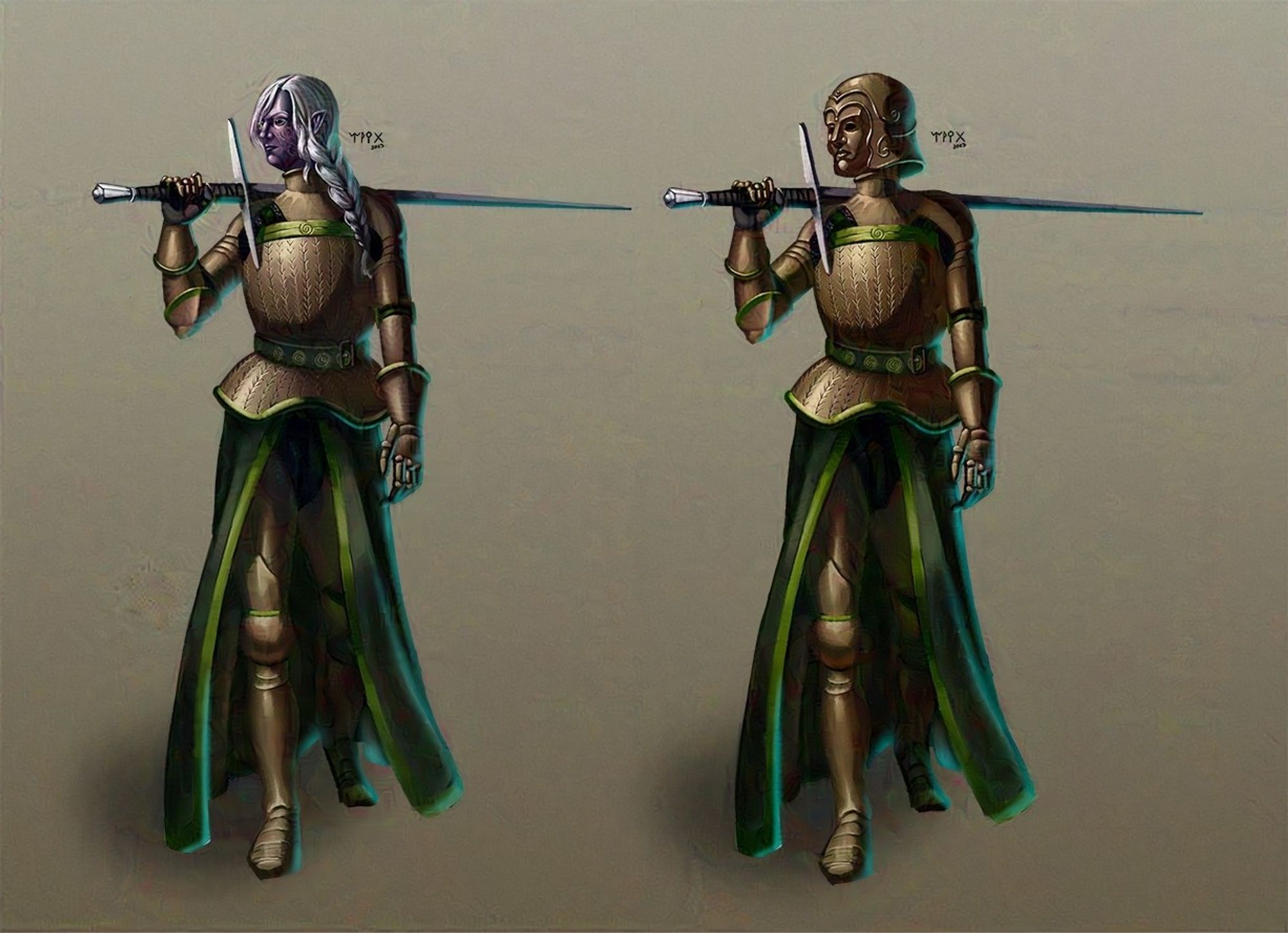 Drawing of a female drow in full armor with and without helmet. She has dark blue skin, white hair and her armor is brown and green