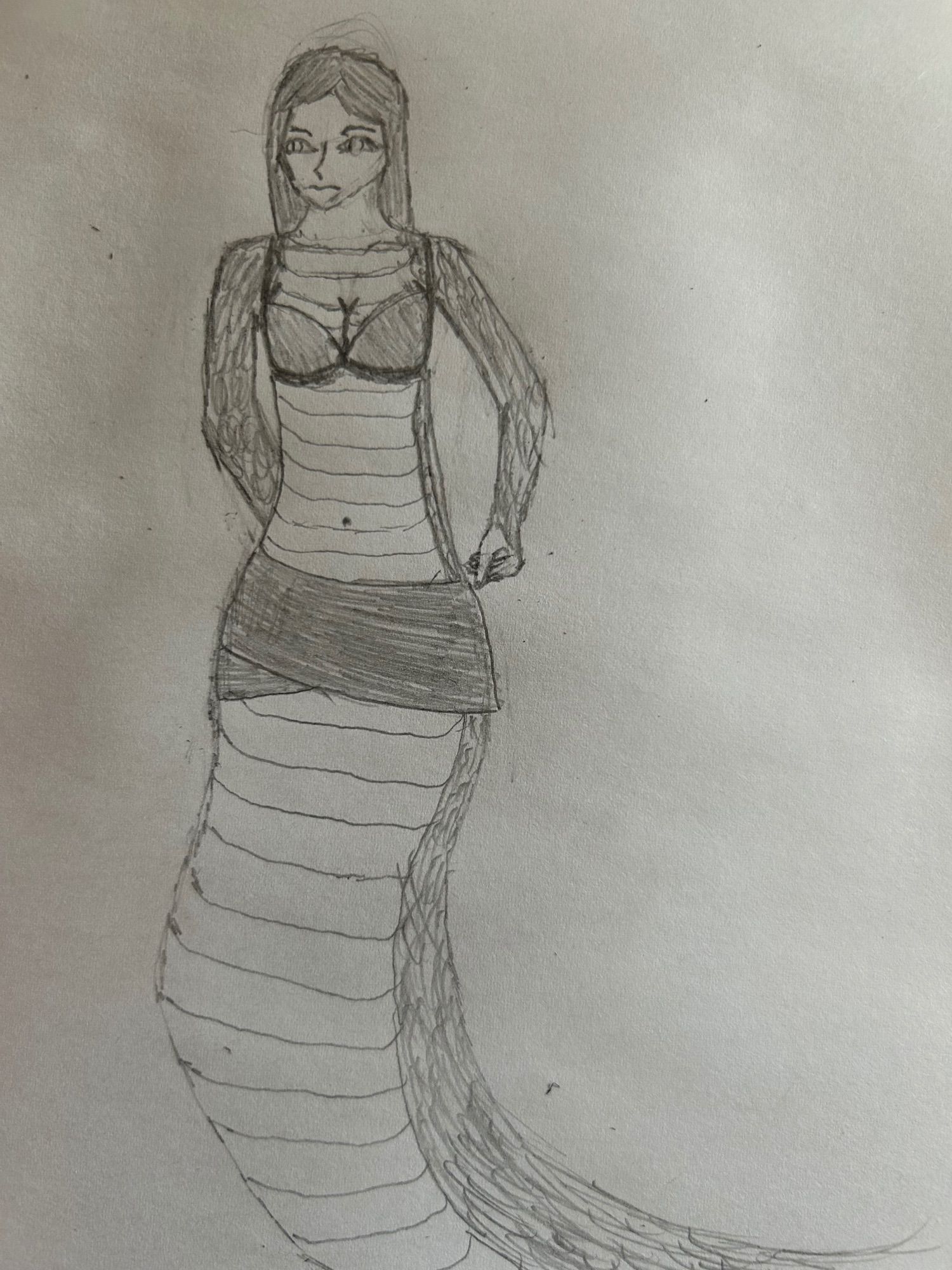 Monochrome pencil sketch of a girl with her arms and torso covered in scales and with a serpents tail instead of legs