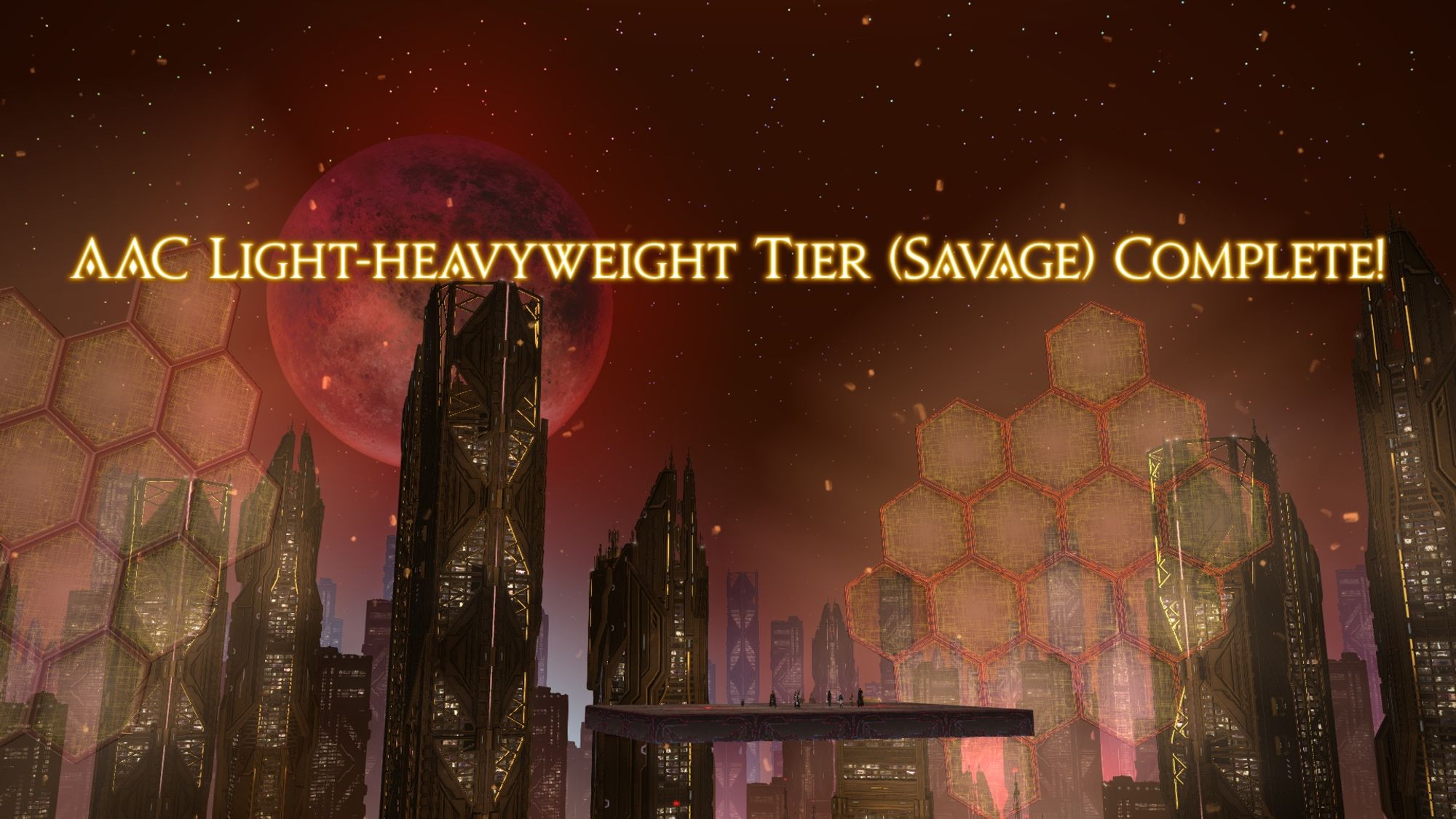 A screenshot of Final fantasy XIV with text that reads “AAC Light-Heavyweight Tier (Savage) Complete!”