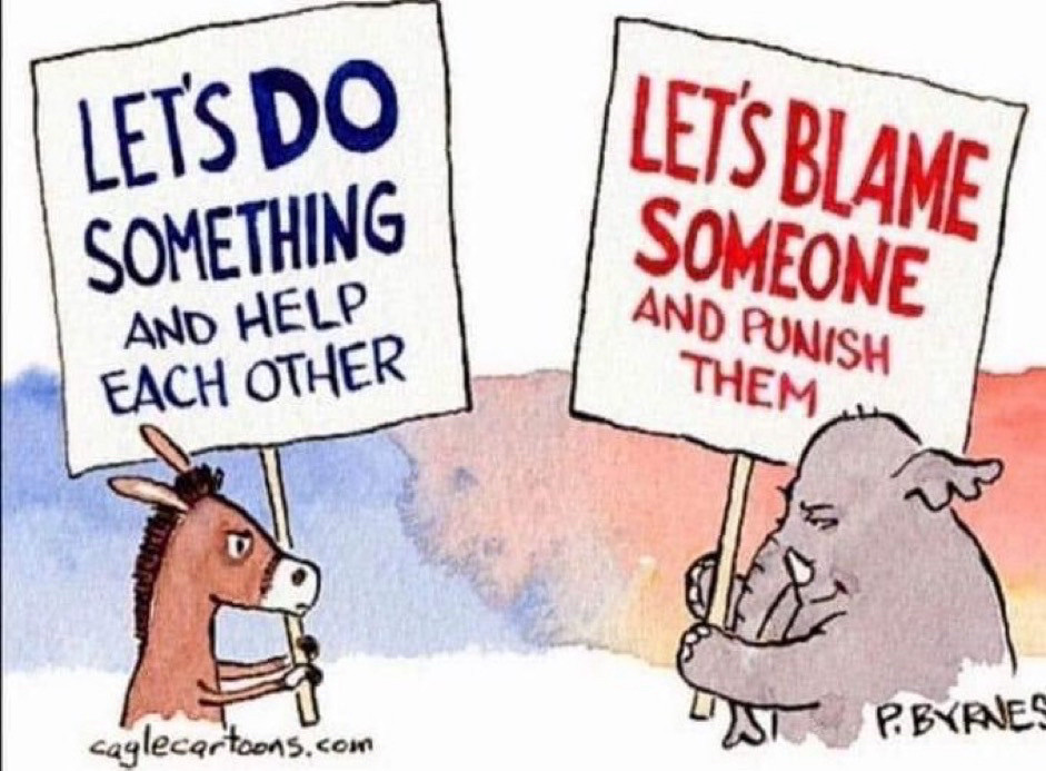 A Cartoon from Pat Byrnes depicting a donkey with the sign „Let’s do something and help each other“ and an elephant holding a sign „Let’s blame someone and punish them“.