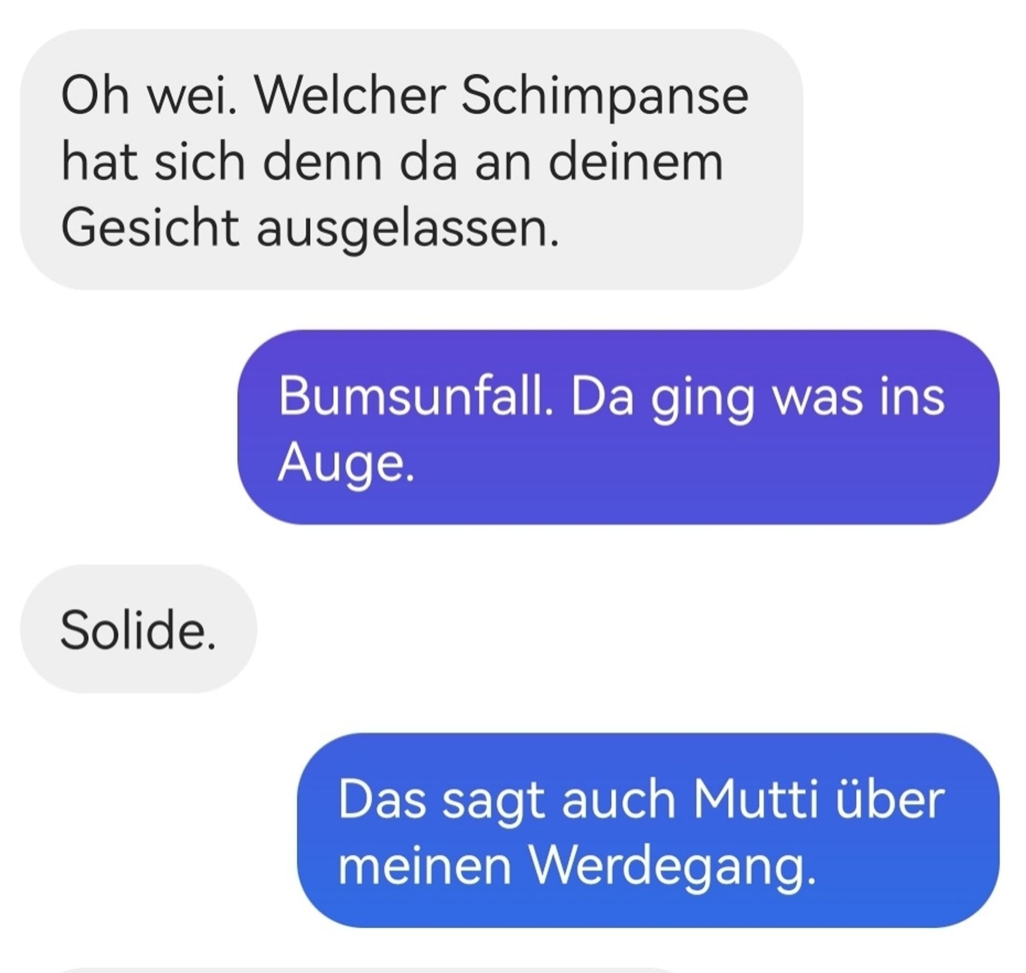 Das Bild zeigt einen Chat-Verlauf auf Deutsch, bestehend aus humorvollen Kommentaren. Es gibt zwei Personen, die sich gegenseitig Nachrichten senden. Hier ist der Dialog:

- Die erste Person schreibt: „Oh wei. Welcher Schimpanse hat sich denn da an deinem Gesicht ausgelassen.“  
  (Dies ist eine scherzhafte Bemerkung über das Aussehen der anderen Person.)

- Die zweite Person antwortet: „Bumsunfall. Da ging was ins Auge.“  
  (Dies ist ebenfalls humorvoll und spielt auf ein Missgeschick an, vermutlich in einem sexuellen Kontext.)

- Die erste Person kommentiert daraufhin: „Solide.“  
  (Eine knappe, humorvolle Bestätigung.)

- Die zweite Person fügt hinzu: „Das sagt auch Mutti über meinen Werdegang.“  
  (Dies ist eine ironische Aussage, die den bisherigen Lebensweg selbstkritisch kommentiert.)

Der Austausch ist scherzhaft und von sarkastischem Humor geprägt.