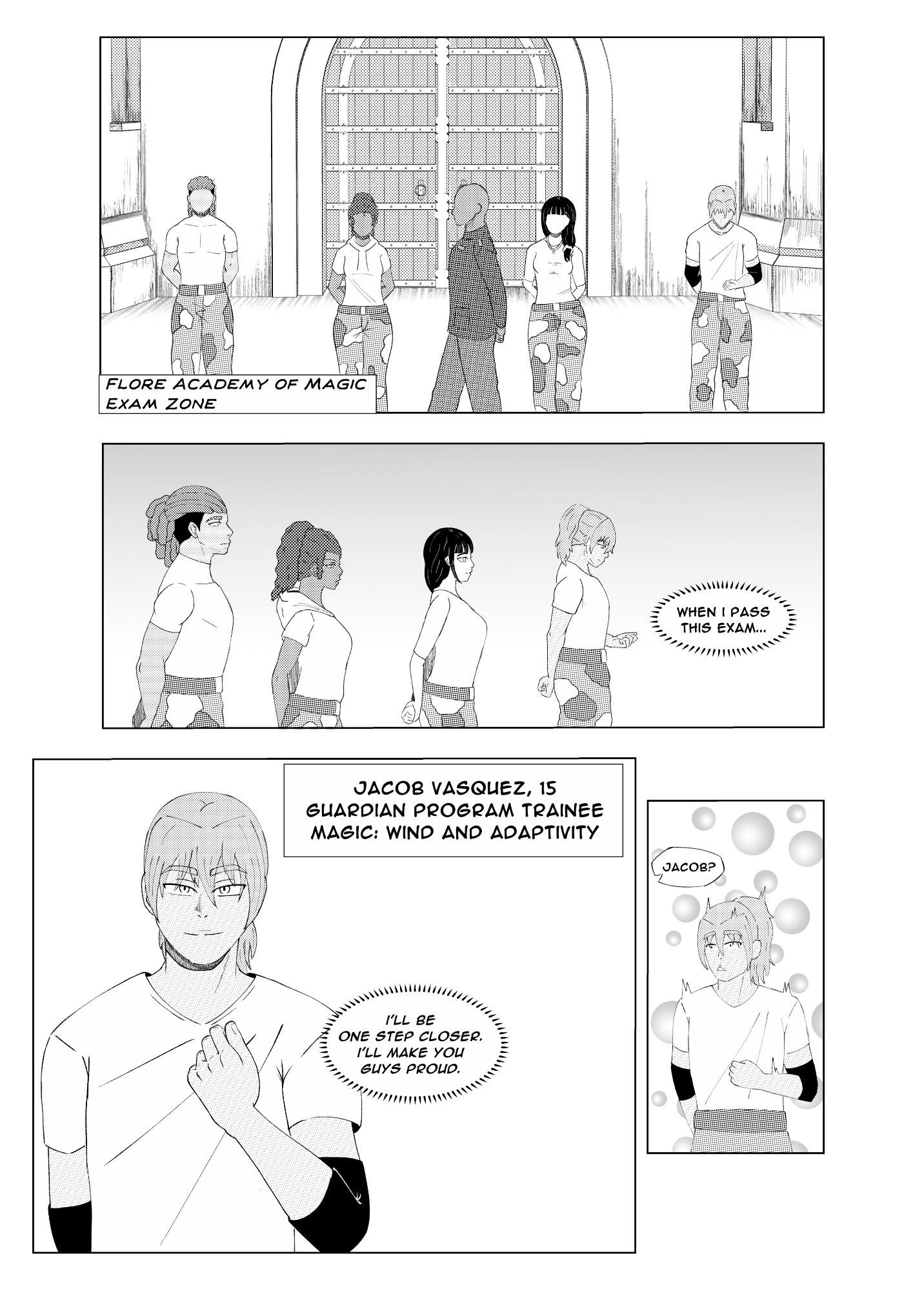 Manga page from my oneshot 'Make or Break' It shows the introduction of the main cast and the MC Jacob.