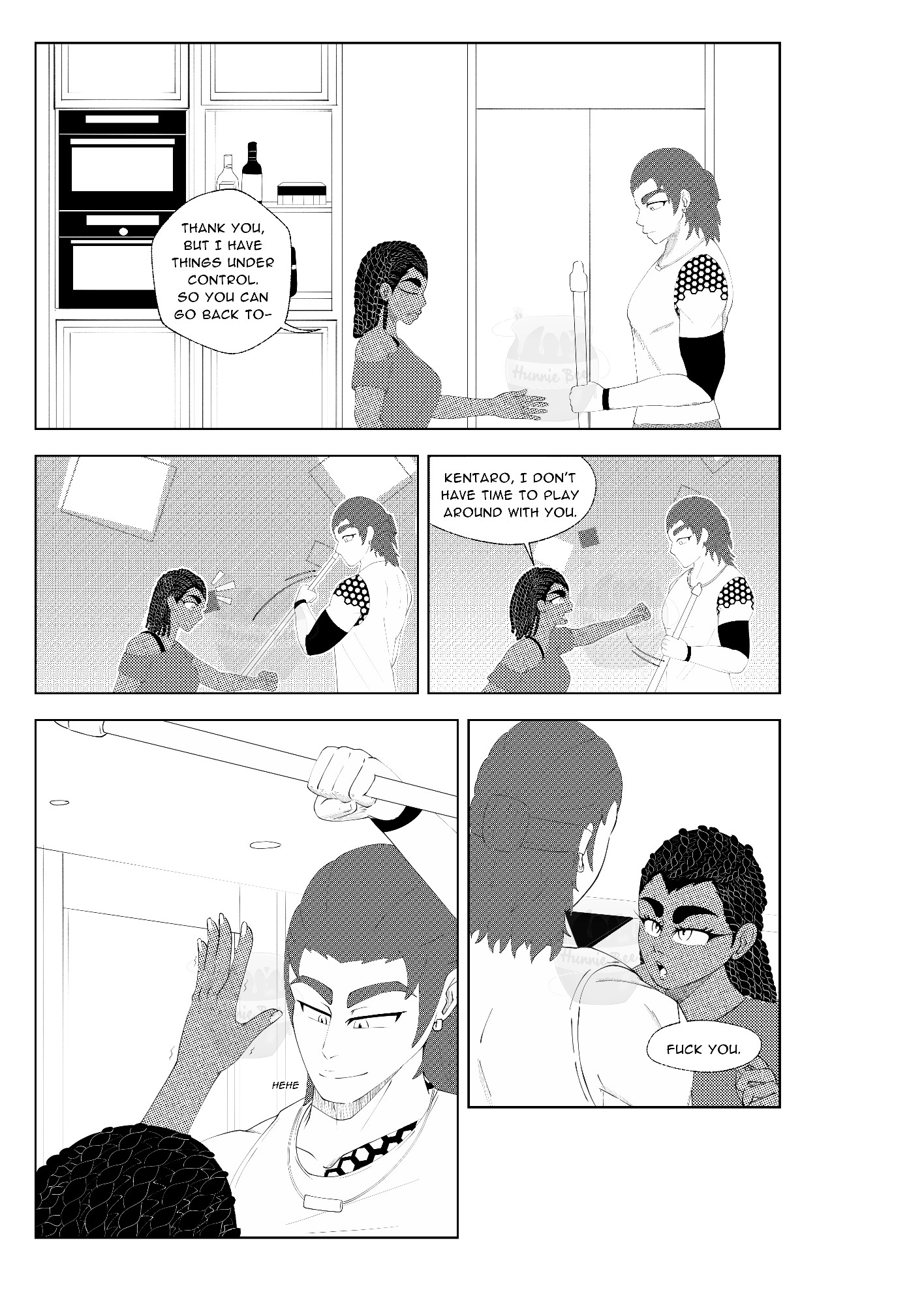 A page of manga 'The Good, The Bad'. Marigold get upset at Kentaro for keeping the broom away from her. When he holds the broom just out of reach, Mari curses at him.