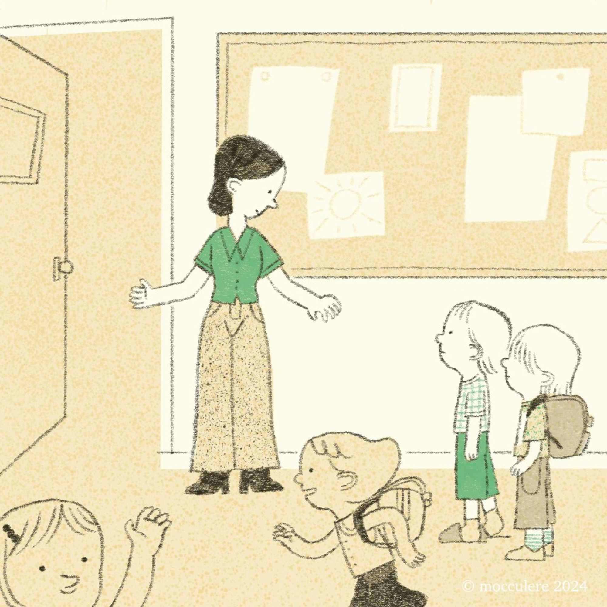 Illustration of a teacher in a green blouse looking at two little kids staring at her. The teacher is hand-gesturing them to enter a room.