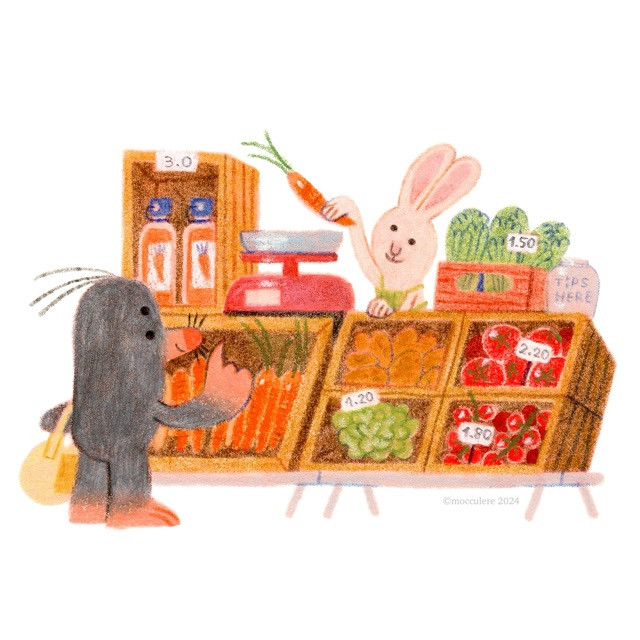 A mole is buying one carrot at a market at rabbit's stall.