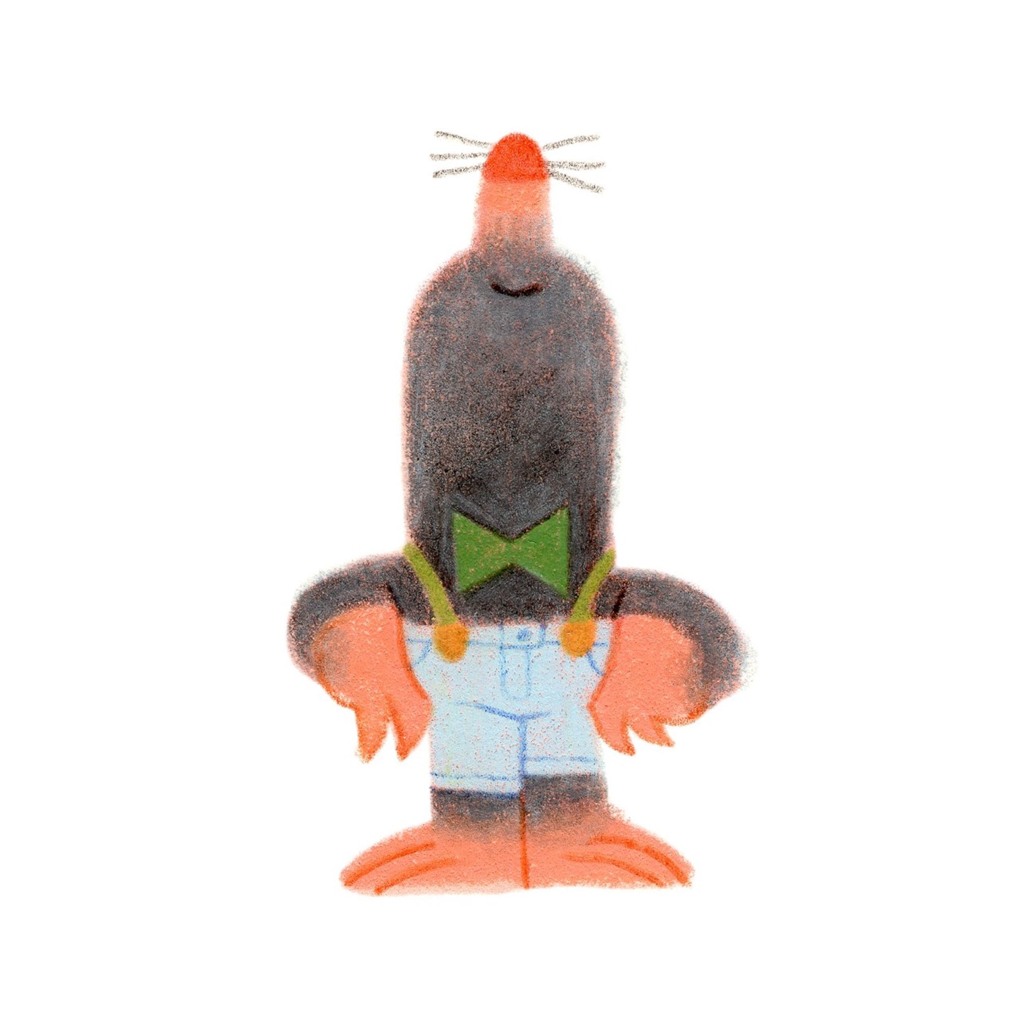 Drawing of a mole, holding his head up proudly, showing off new pair of jeans