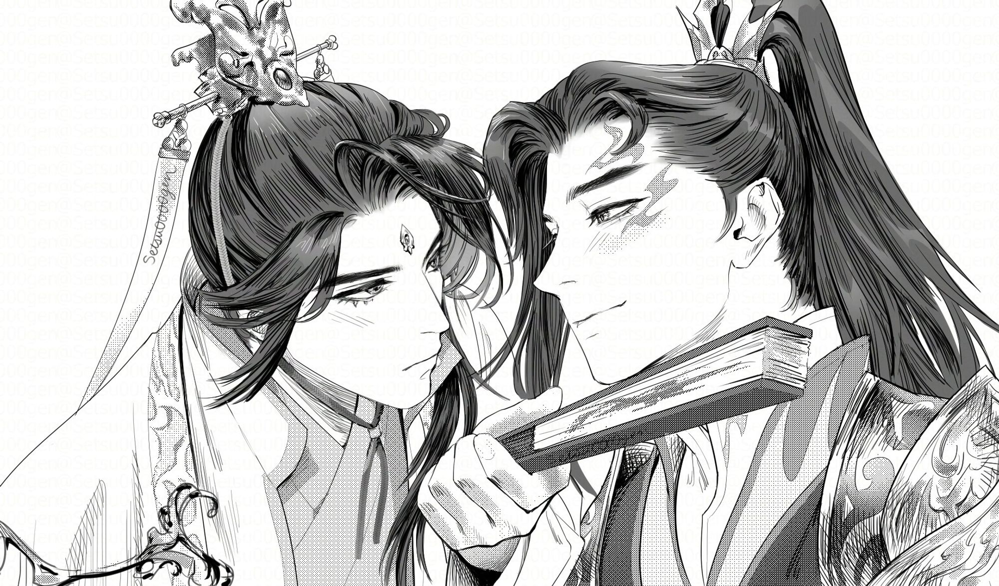 Shi Wudu uses his fan to hold Pei Ming's chin up. Pei Ming smiles at him gently. Both men are blushing slightly. Their faces are close as they make eye contact.