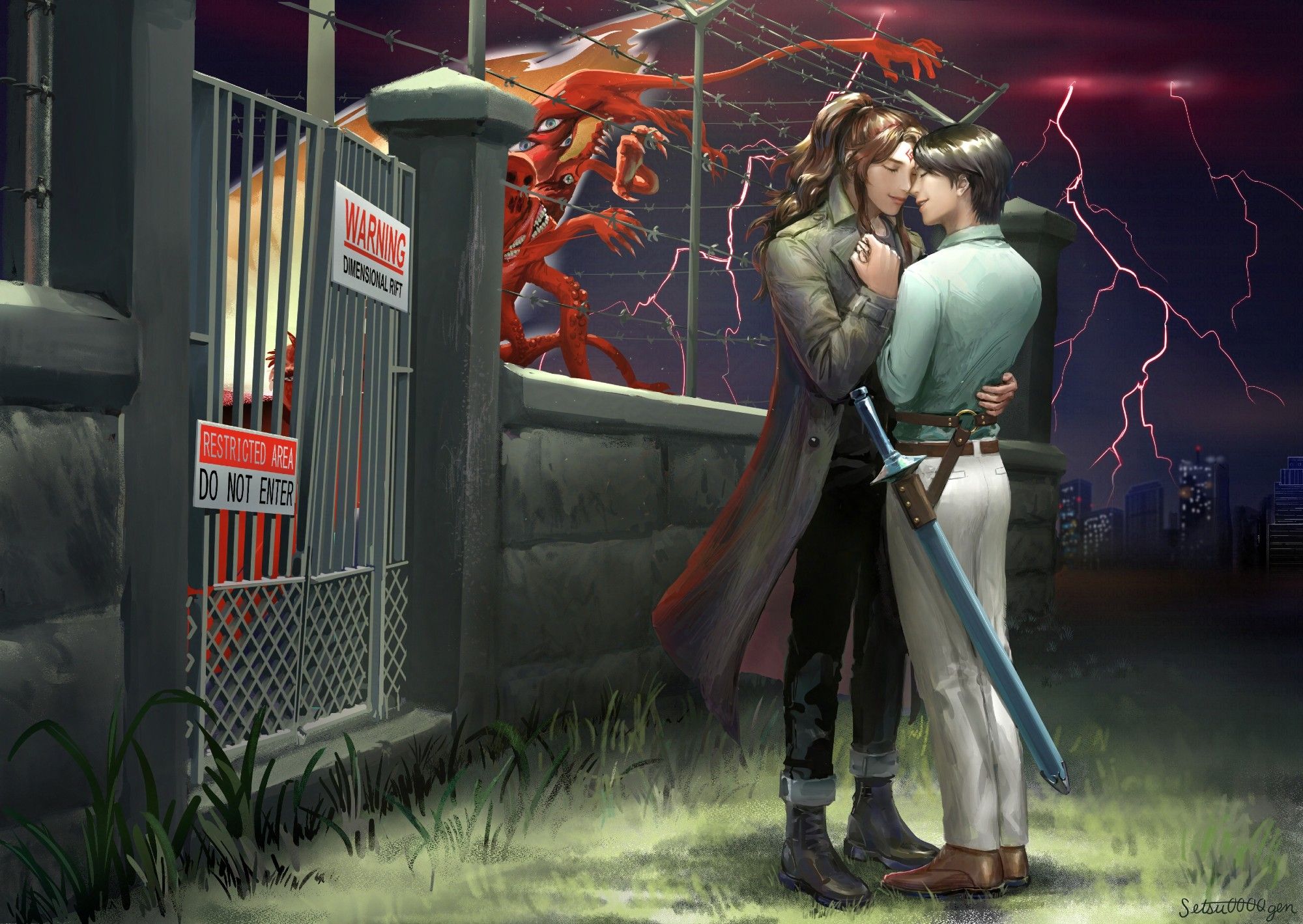 Luo Binghe and Shen Qinqiu stand embracing each other in a remote, modern setting. They are in font of a fenced-off area where a rift in dimensions has formed, leading to the Endless Abyss. Strange creatures and many hands seep out of the rift, reaching toward them.