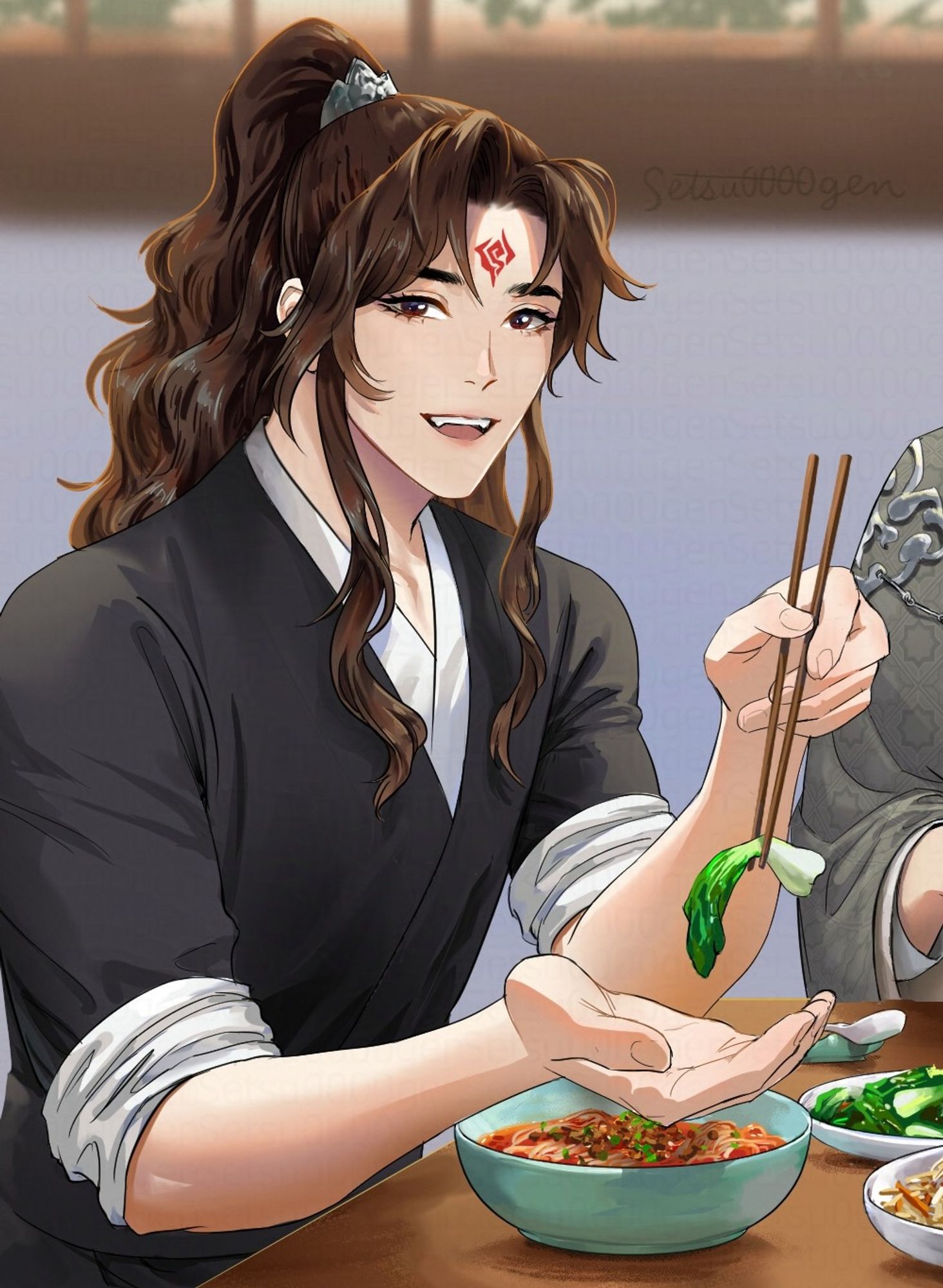 Luo Binghe sits at a table with a bowl of dan dan noodle soup in front of him. He is smiling and wearing a simple black robe, holding a piece of bok choy with his chopsticks, about to give it to the viewer. (Spoiler, this is Shen Qingqiu's POV)