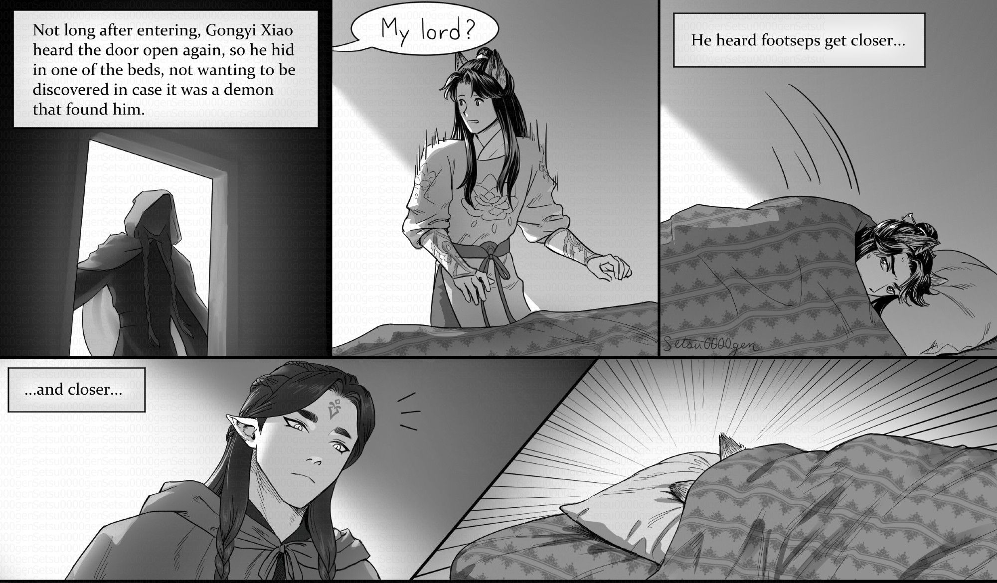 Not long after entering, Gongyi Xiao heard the door open again, so he hid in one of the beds, not wanting to be discovered in case it was a demon that found him. "My lord?" Inquired the voice from the door. He heard footsteps get closer... and closer... The lower two panels show Zhuzhi-Lang, the stranger that Gongyi Xiao encountered earlier, looking at the bed, noticing the ears sticking out of the blanket.