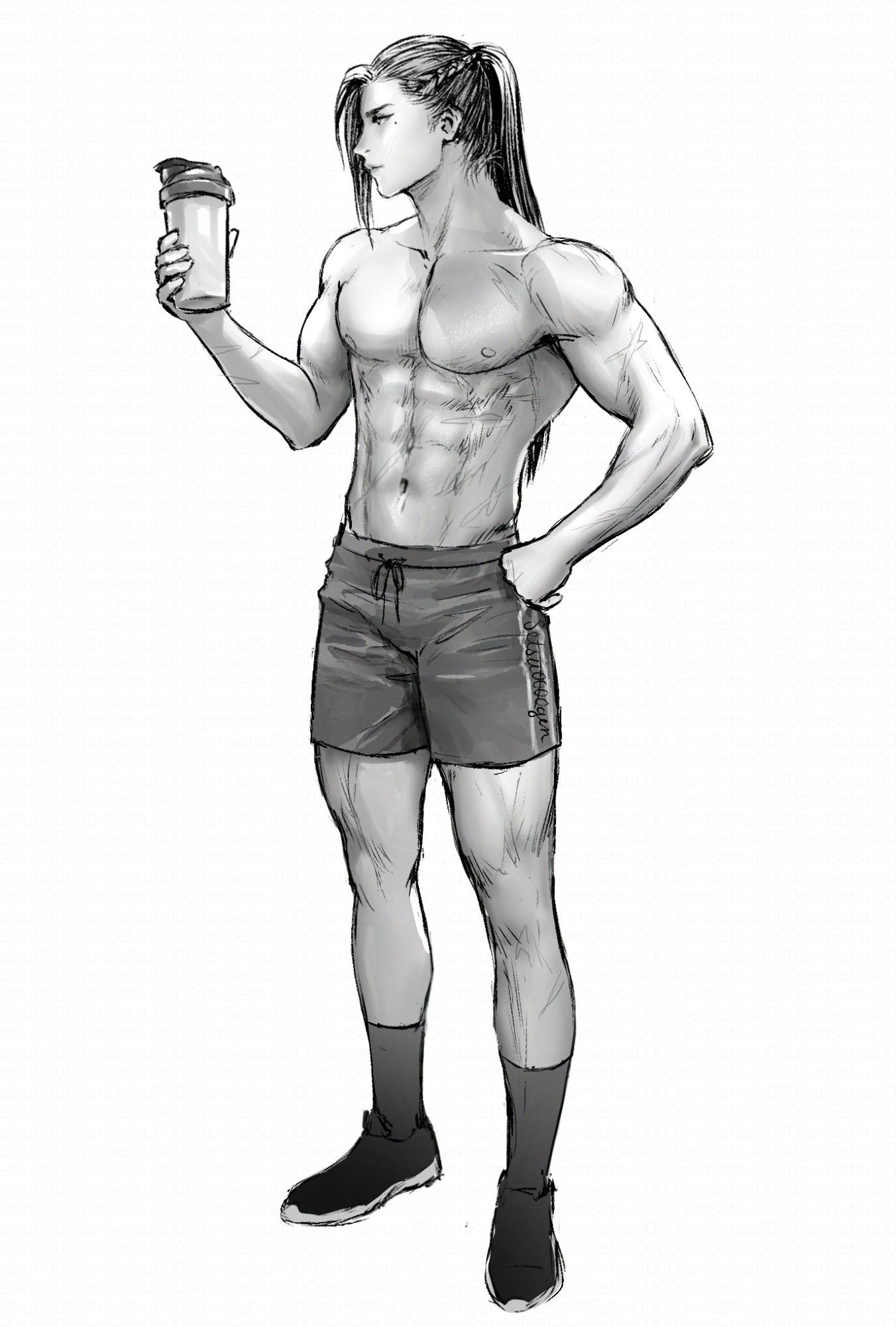 black-and-white drawing of Liu Qingge in modern gymwear (short shorts, socks, and sneakers), holding a protein drink shaker bottle