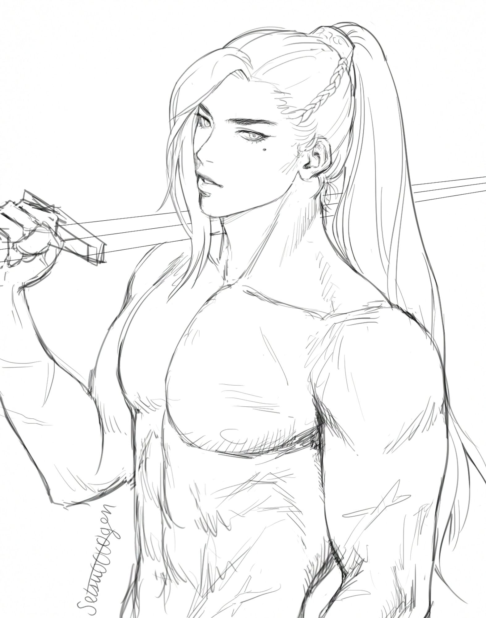 sketch of Liu Qingge shirtless, resting a sword on his right shoulder. He has a number of scars on his body.