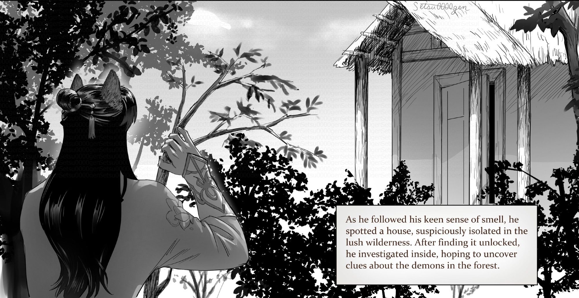 As he followed he keen sense of smell, he spotted a house, suspiciously isolated in the lush wilderness. After finding it unlocked, he investigated inside, hoping to uncover clues about the demons in the forest.