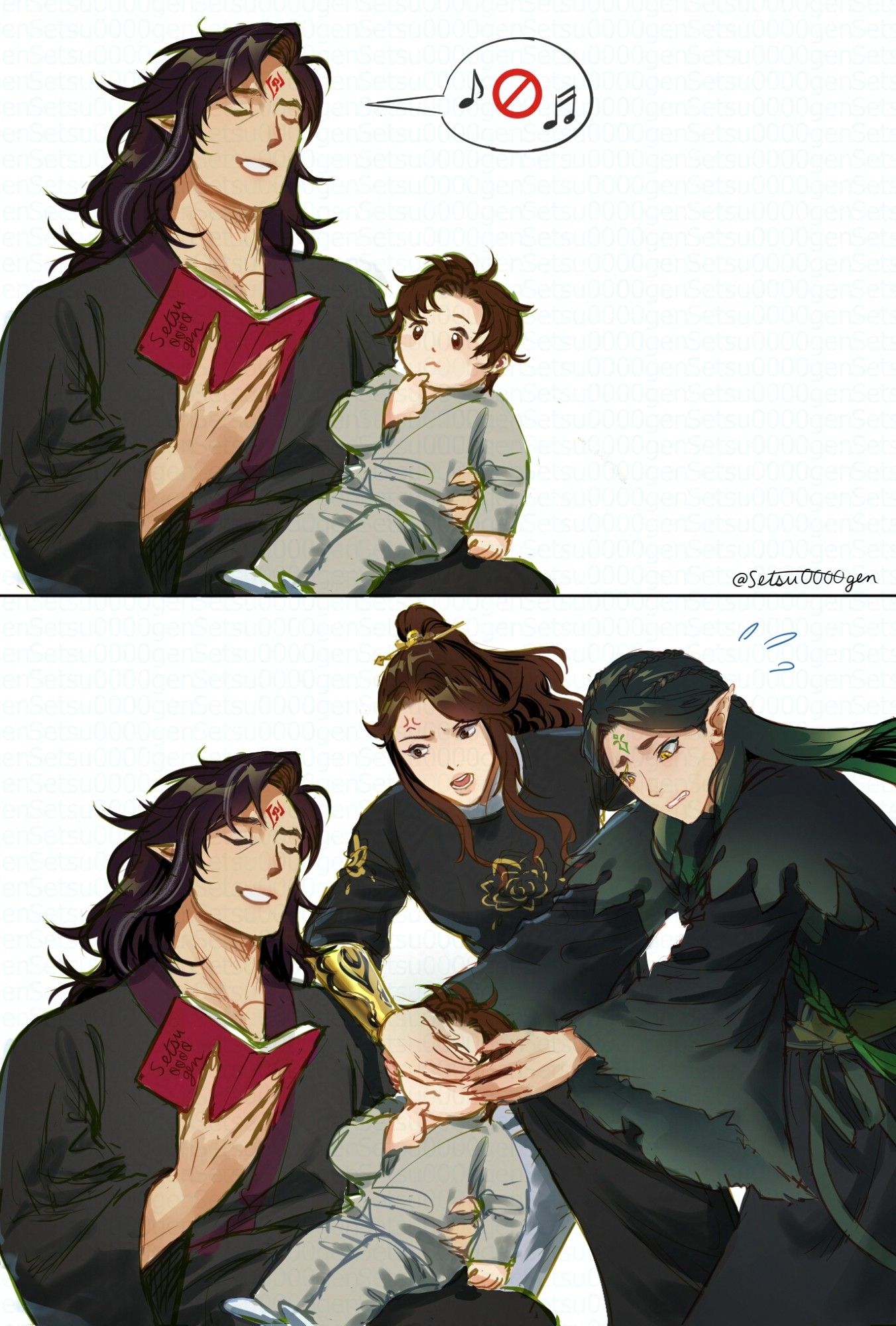 In the first panel, Tianlang-Jun sings and reads one of his salacious novels while holding a baby Luo Binghe on his knee. In the second panel, Su Xiyan with an exasperated expression jumps in to cover Binghe's eyes, and Zhuzhi-Lang with a worried expression jumps in to cover Binghe's ears.