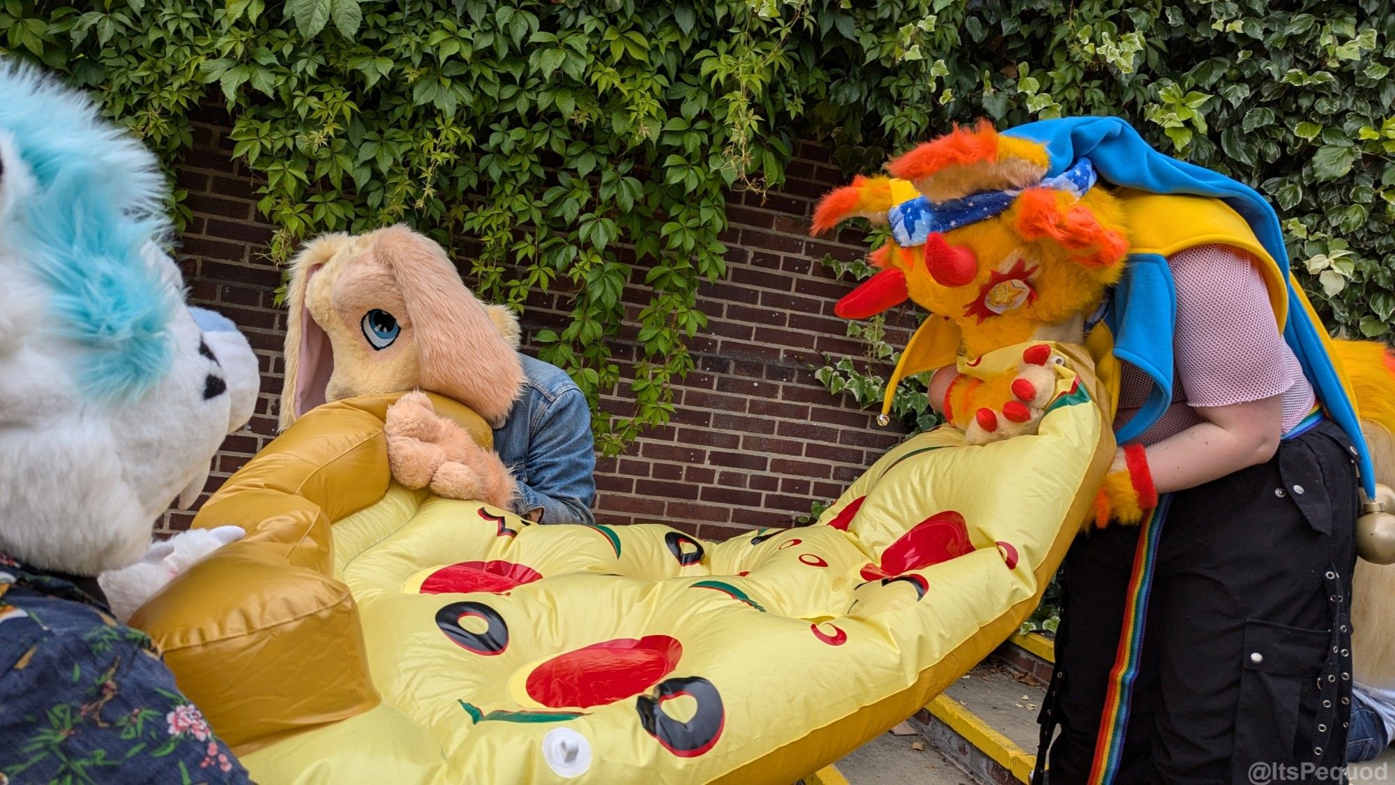 A saber, bunny & cat eating an inflatable pizza!