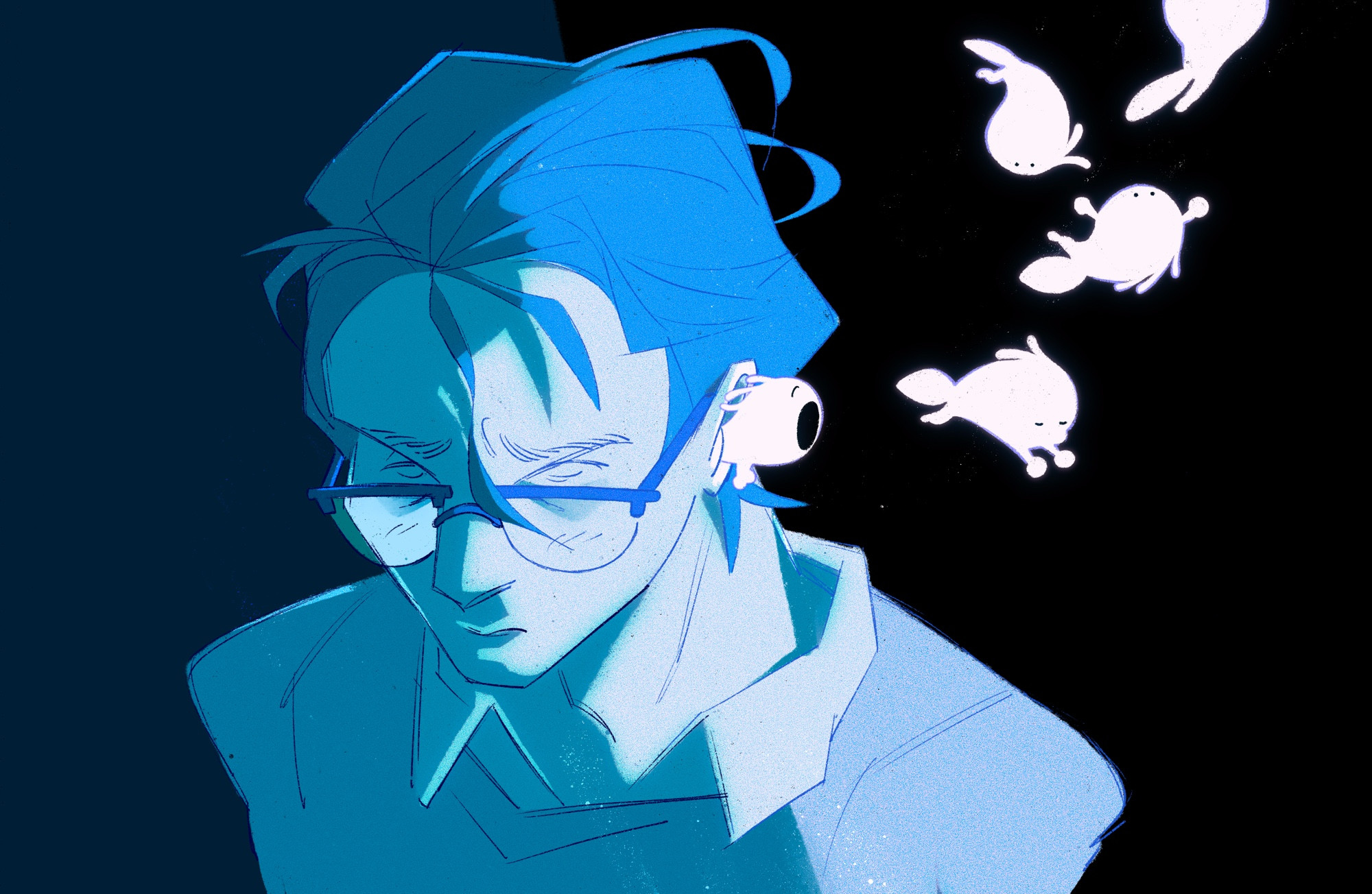 A solemn looking person in stark blue lighting, with small ghost-like tadpoles exiting their ear and floating off screen.