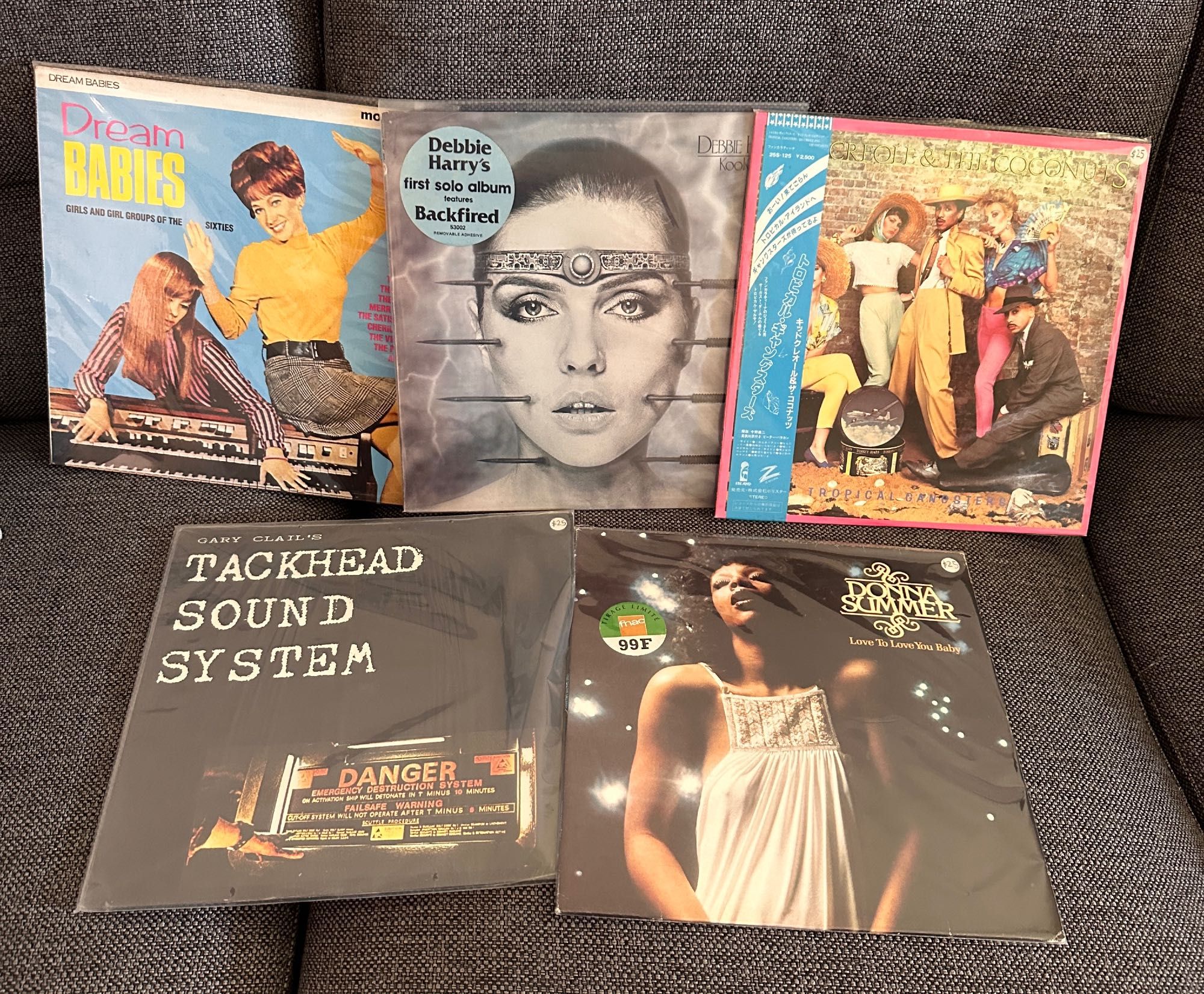 Dream Babies (a girl group comp), KooKoo by Debbie Harry, Tropical Gangsters by Kid Creole and the Coconuts, Gary Clail's Tackhead Sound System, and Love to Love You Baby by Donna Summer