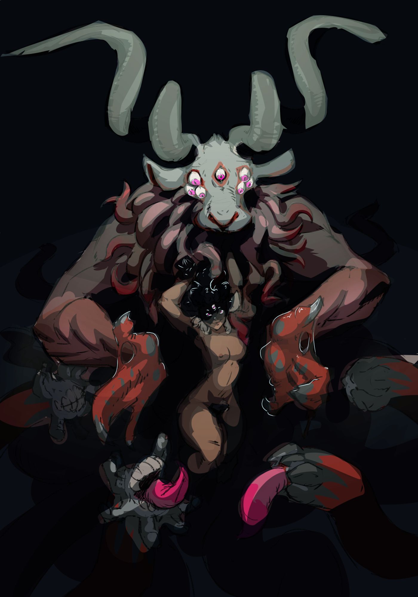 Work in Progress, of a seven eyed demon in a form mocking a goat. A tangle of tentacles pour from it's mouth, cascading to a young woman stretching comfortably in the demon's lap. The woman looks to the viewer from the shadows while flanked by the demon's slimy hands, and strange tendrils that feature fingers, teeth, and tongues of their own.