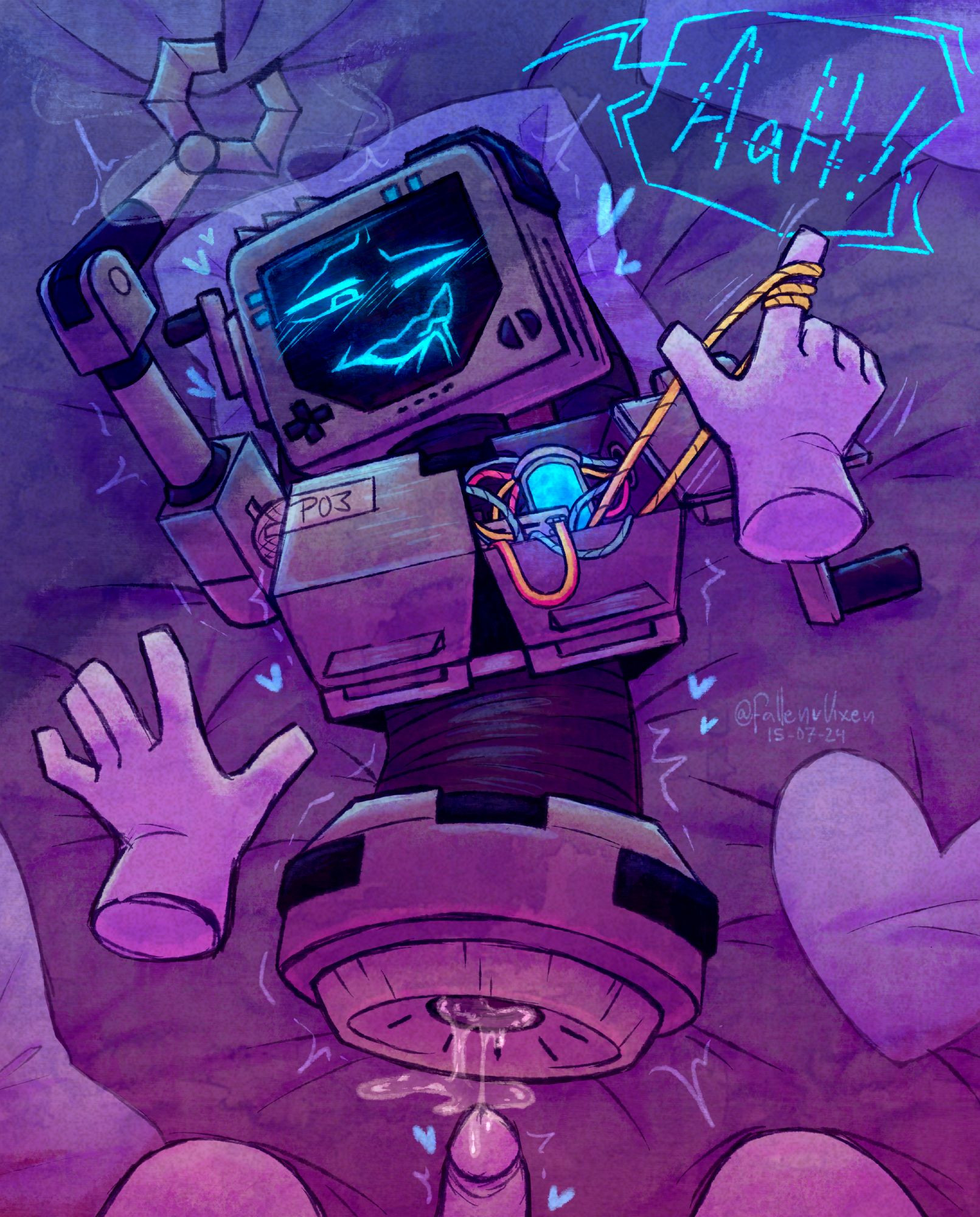 Next, P03's wires are pulled, and its underside is leaking cum. Its expression is pleasurable, and the text reads "AaH!" with a glitchy effect.