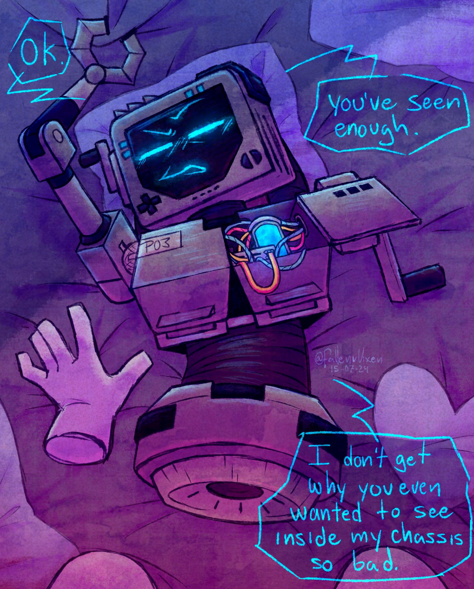 P03 from the game Inscryption with its front panel open and laying back upon a mattress. the text reads "Ok" "you've seen enough." "i don't get why you even wanted to see inside my chassis so bad."