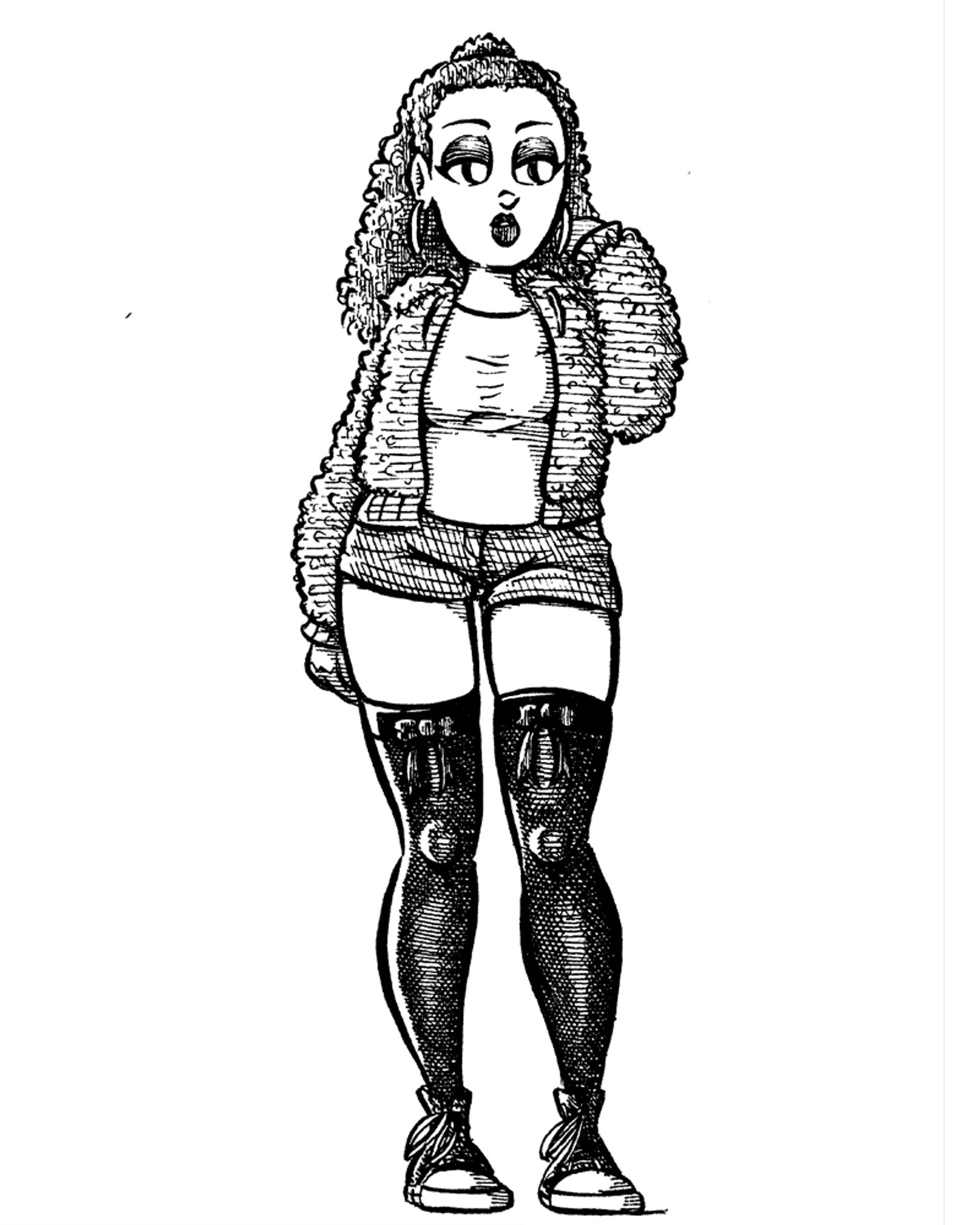 Ink drawing of a woman in a fuzzy jacket and shorts.