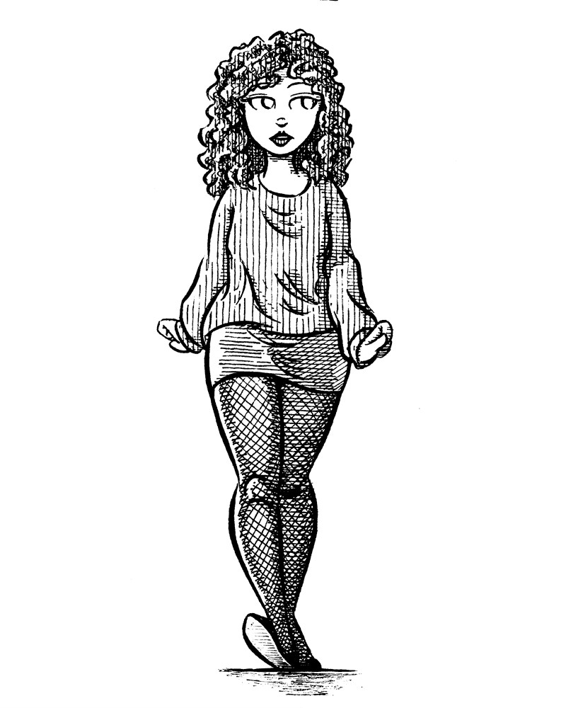 Ink drawing of woman walking toward viewer.