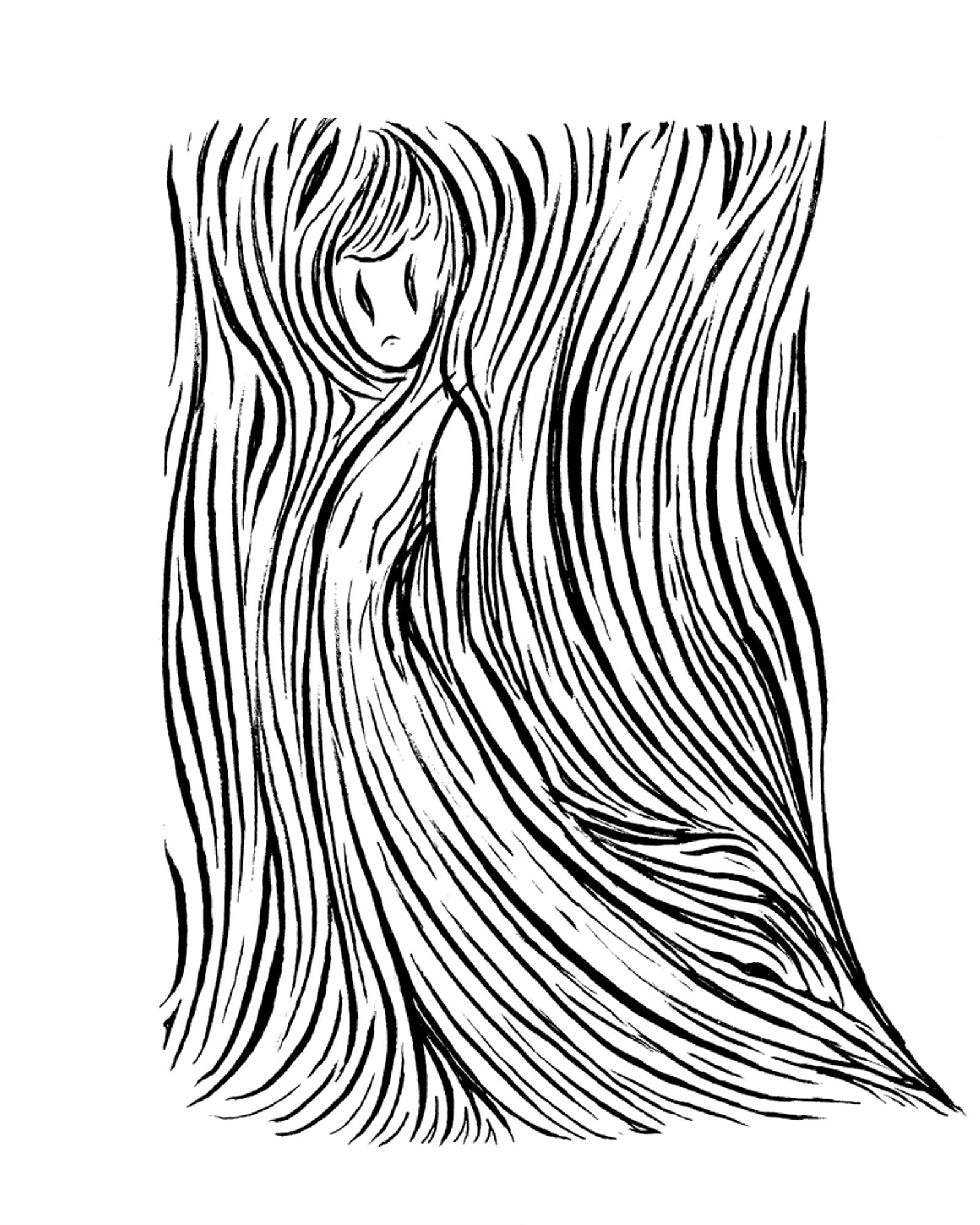 Ink drawing that looks like a stylized woman made of woodgrain.