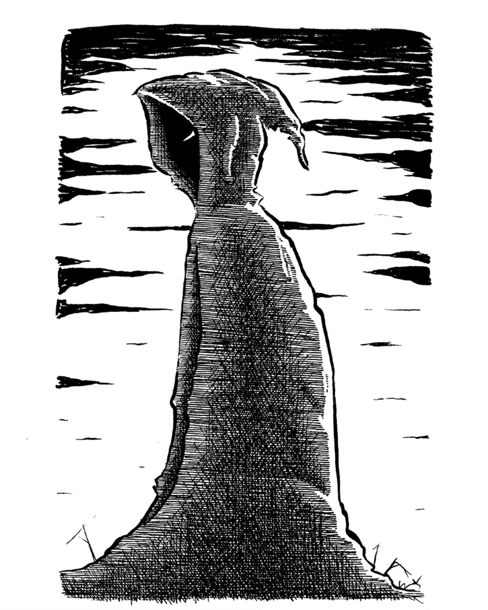 Ink drawing of a spooky looking person in hooded robe.