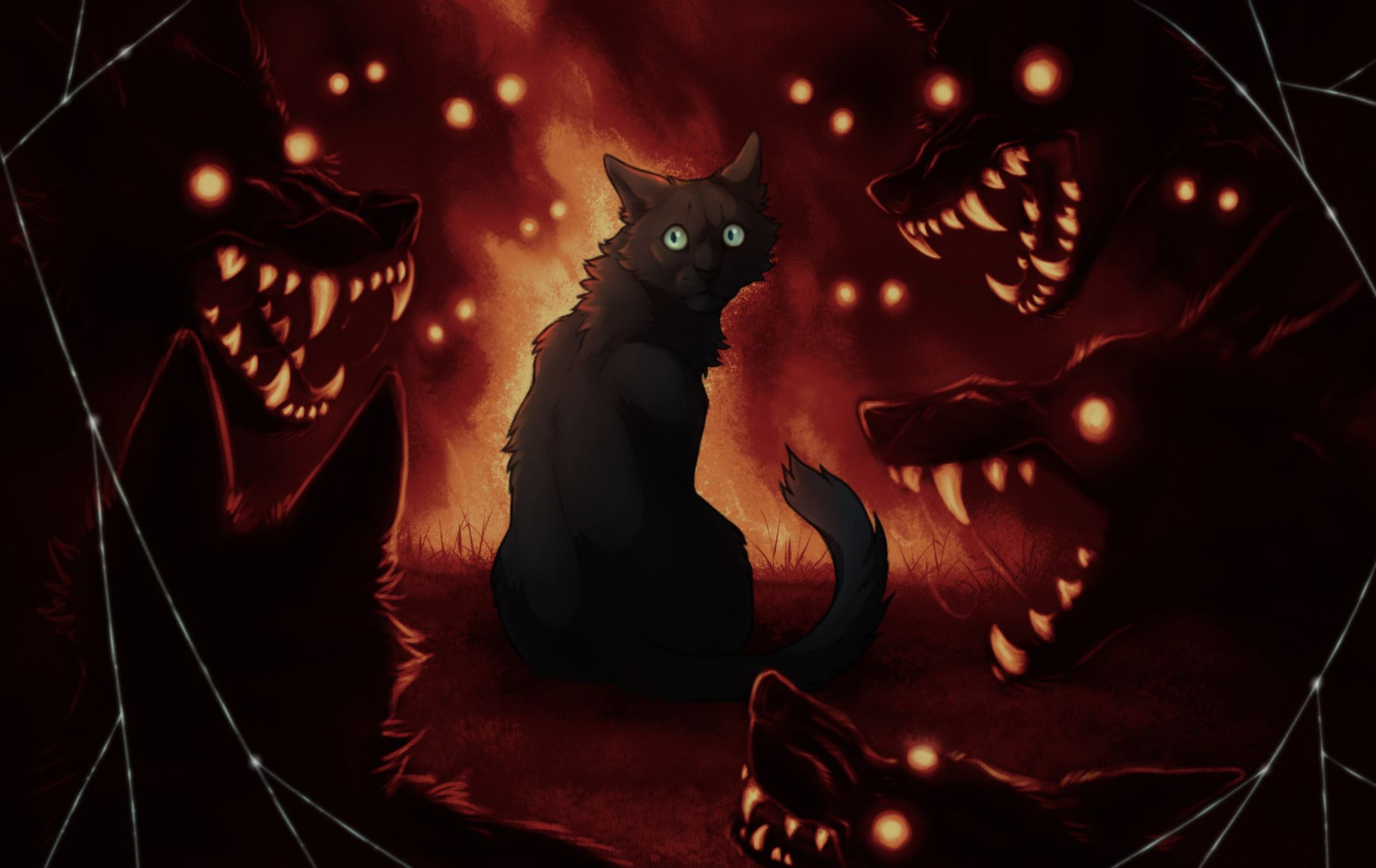 a single cat sits nervously in front of flames, surrounded by many implied coyotes. the coyotes are all black except for glowing eyes and bared teeth. a few strands of spiderwebs frame the composition.