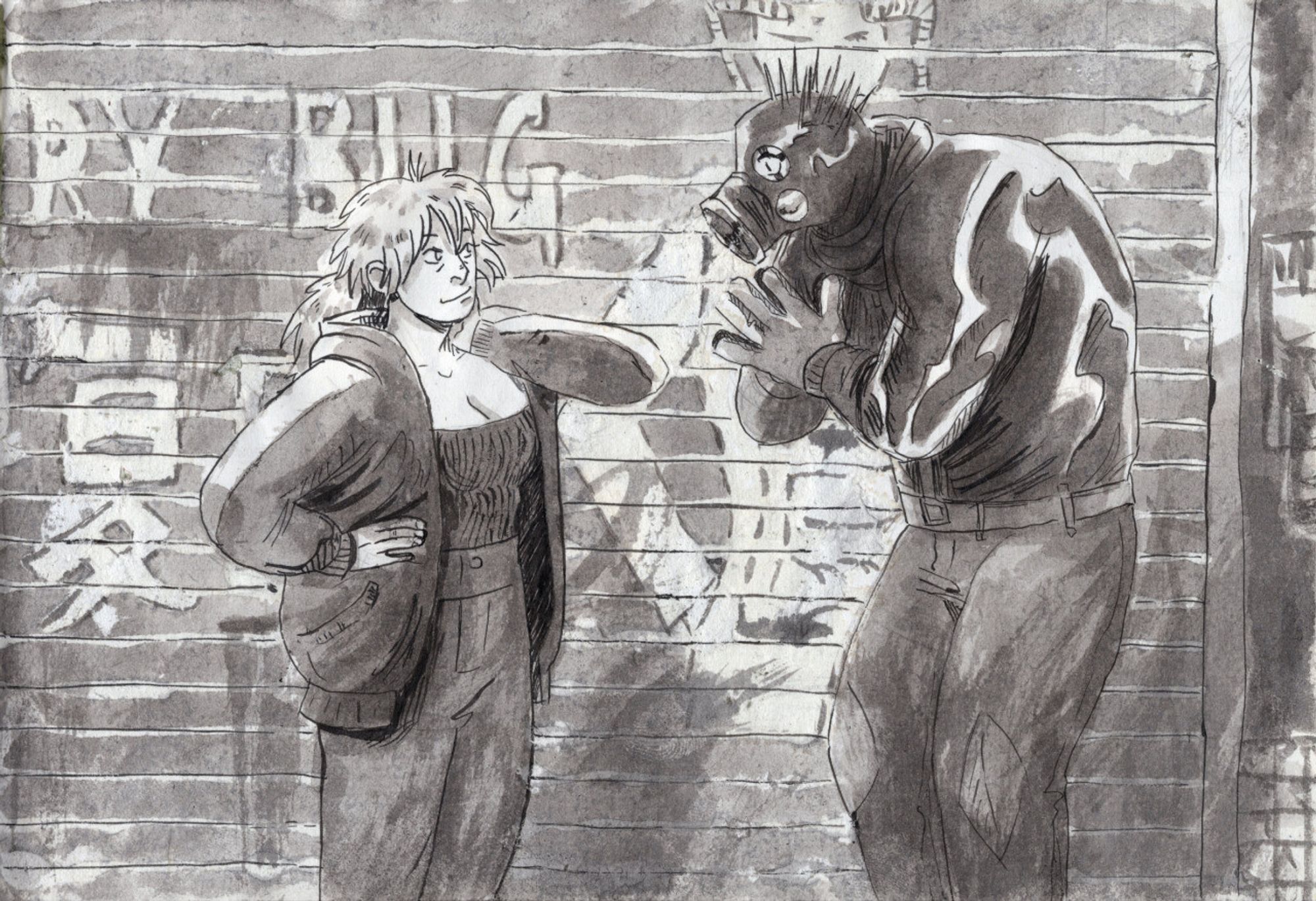 A black and washed ink drawing of Nikaido and Kaiman from Dorohedoro. The two are standing in front of Nikaido's closed gyoza place. Kaiman presses the palms of his hands together in a pleading gesture - very probably for her to open up and feed him - and Nikaido appears to need a moment to think about it. She has one hand on her hip and the other is rubbing her neck thoughtfully.