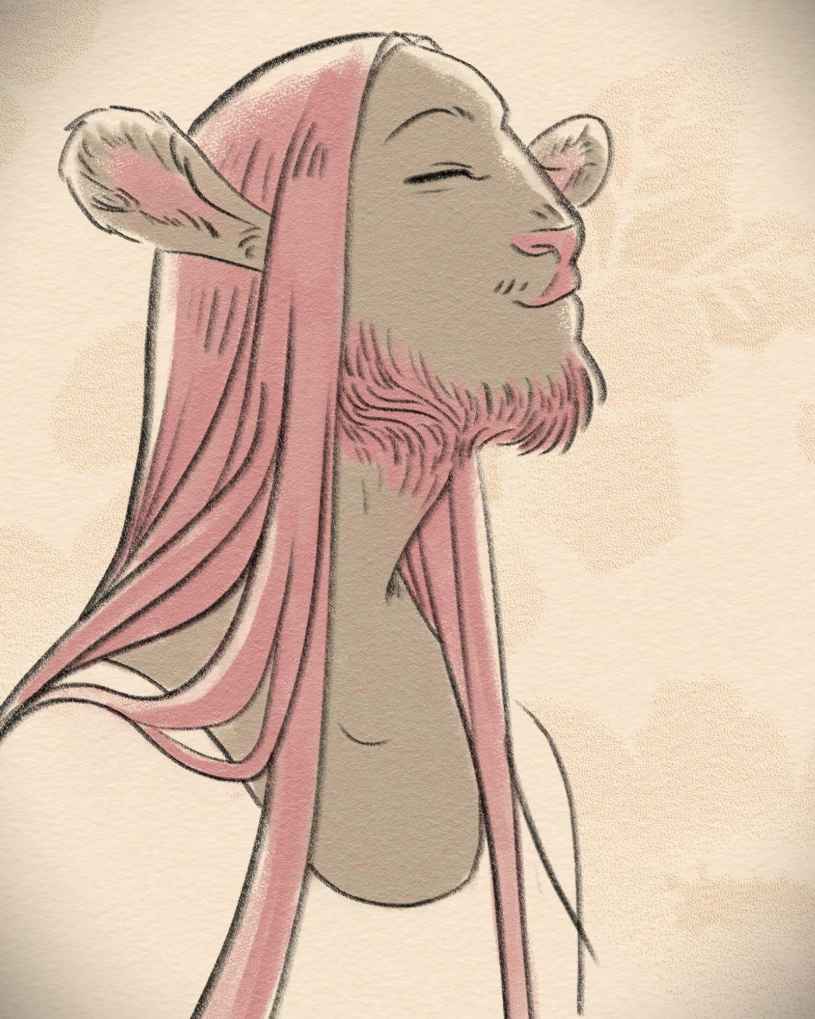 A digital drawing of Caduceus Clay from Critical Role. he is shown from the shoulders up, in profile. He has his chin slightly raised and his eyes closed. He smiles softly.