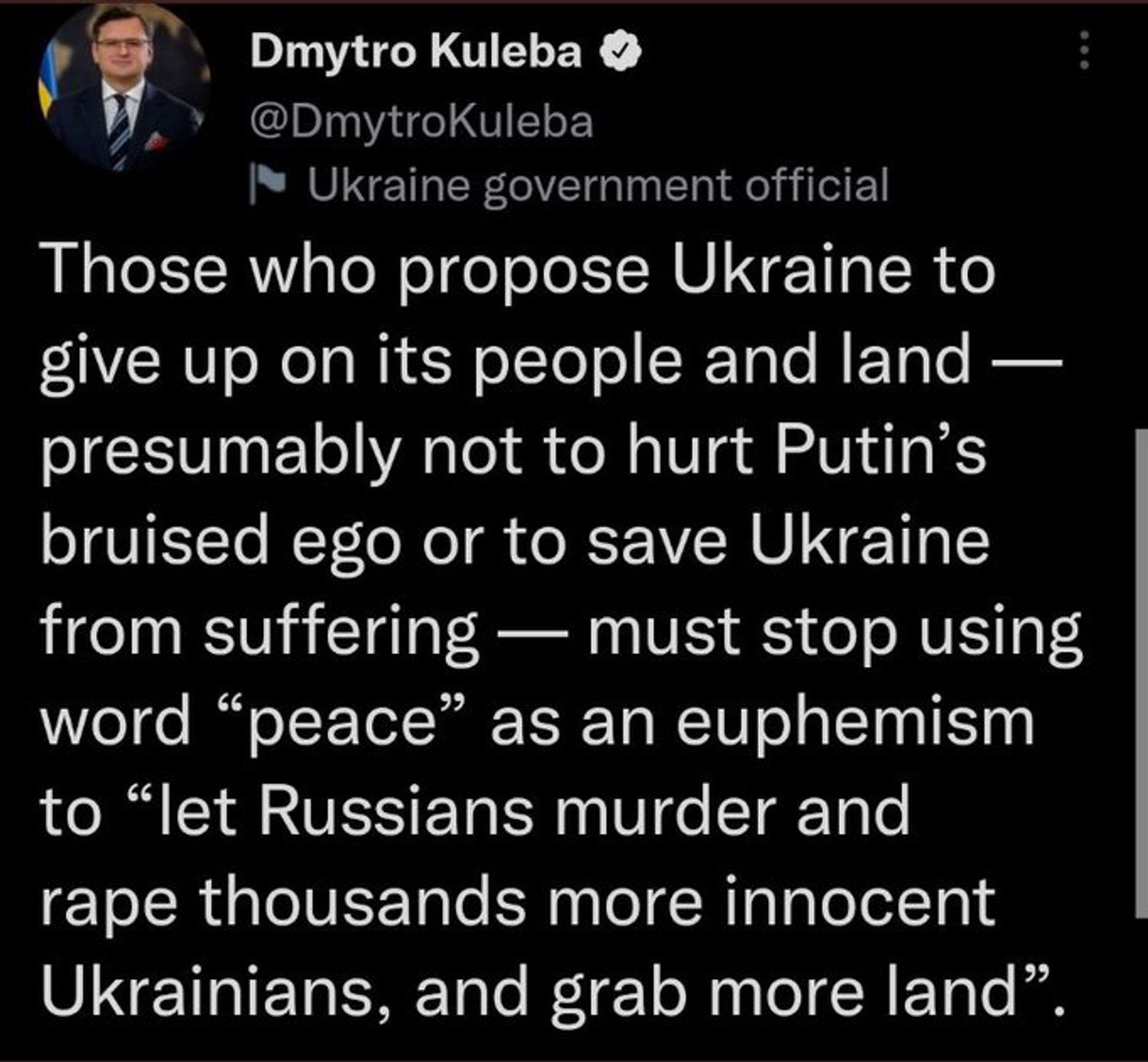 Alle Leute, die der Ukraine sagen wollen, doch endlich aufzugeben und putin bloß nicht zu reizen müssen aufhören dafür das Wort "Frieden" zu missbrauchen. Es lässt Russen Mörder 1000te unschuldige Ukrainer mehr vergewaltigen und Land rauben/einnehmen.